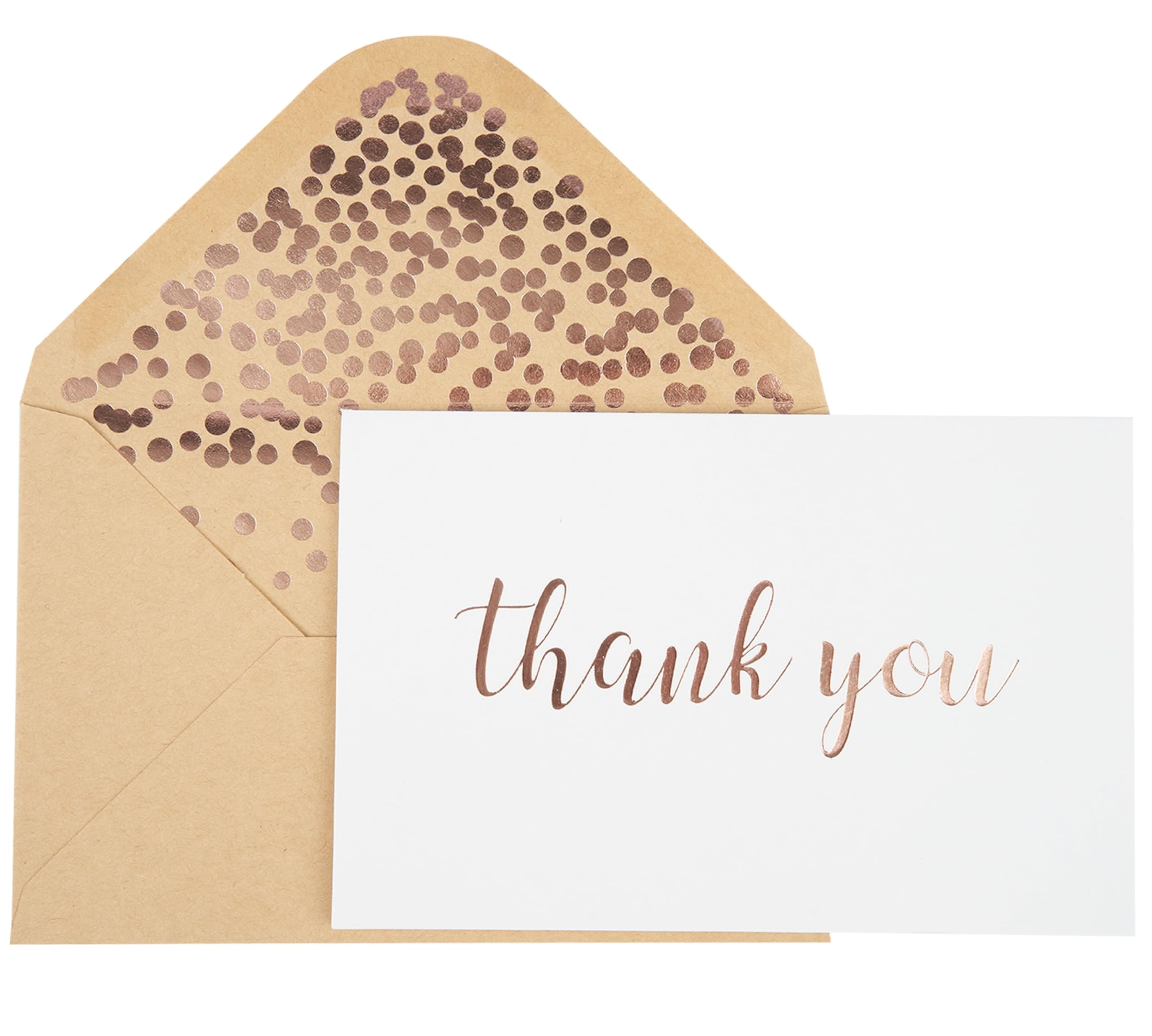 CHRIZ.Z Thank You Cards - Blank 50 Pack White Cards with Rose Gold Foiled Thank You Printed with 52 Foil Embossed Kraft Envelopes 4" x 6" - for