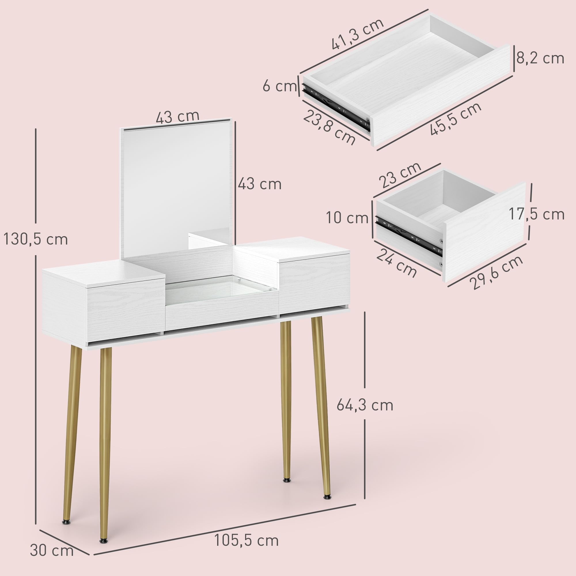 HOMCOM Tocador de Maquillaje con Espejo Tocador con Encimera de Vidrio Templado Visible 3 Cajones Mesa de Maquillaje Moderna para Dormitorio Blanco