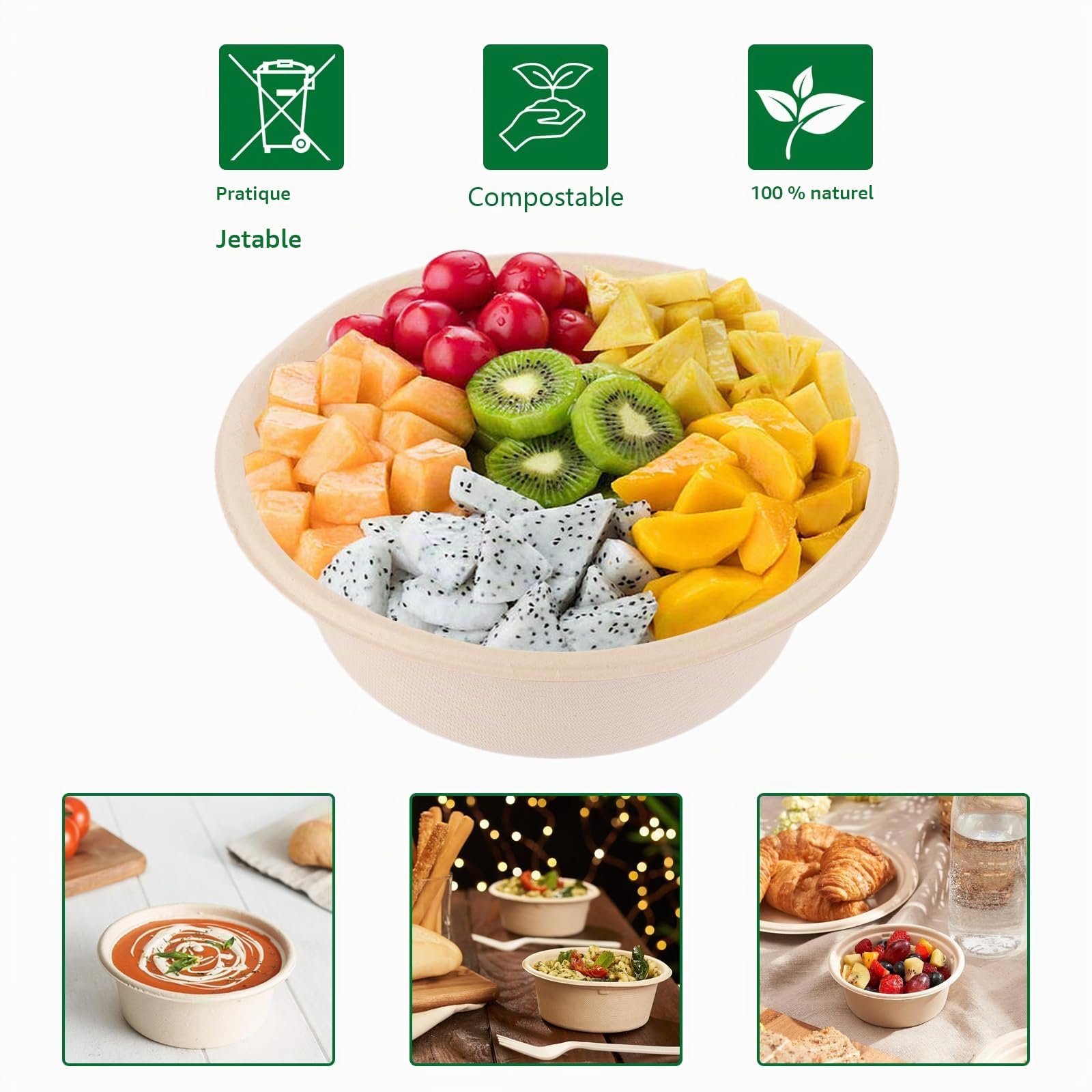 150 Pièces Bol Jetable 500ml Soupe, Bols Jetables Bagasse de Canne à Sucre, Bols Jetables 500 ml, Compostable pour Fête Mariage Pique-nique