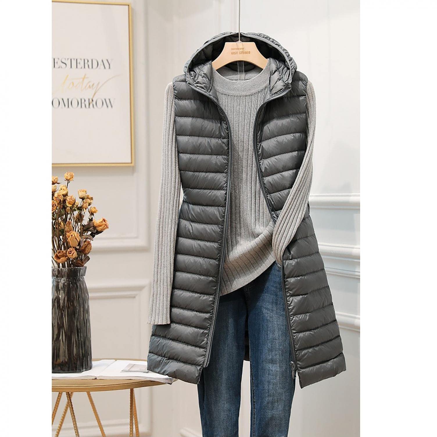 DeaAmyGline Steppweste Damen Lang Ultra Leicht Daunenweste Komprimierbar Paket Ärmellose Warm Lange Weste Mantel Jacke Parka mit Kapuze Steppjacke Wintermantel Daunenmantel Jacken
