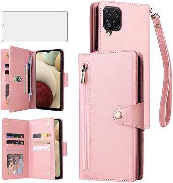 Asuwish Phone Case for Samsung Galaxy A12/M12 Wallet Cover and Tempered Glass Screen Protector Leather Flip Credit Card Holder Stand Lanyard Cell Accessories A 12 5G A-12 S12 12A 4G Women Rose Gold