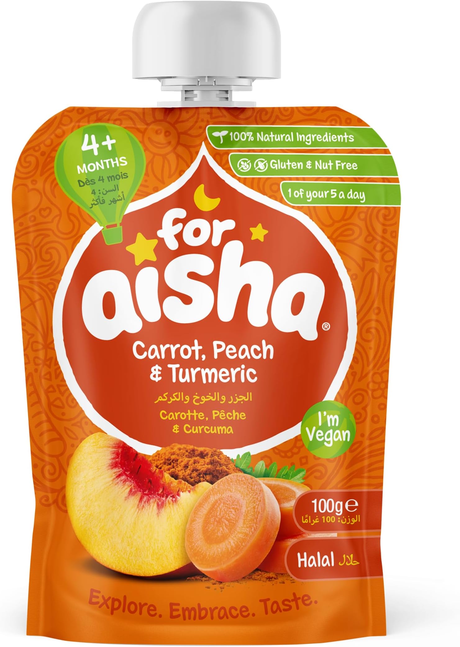 For Aisha (Halal) 4months + pouch 100g - Carrot, Peach & Turmeric