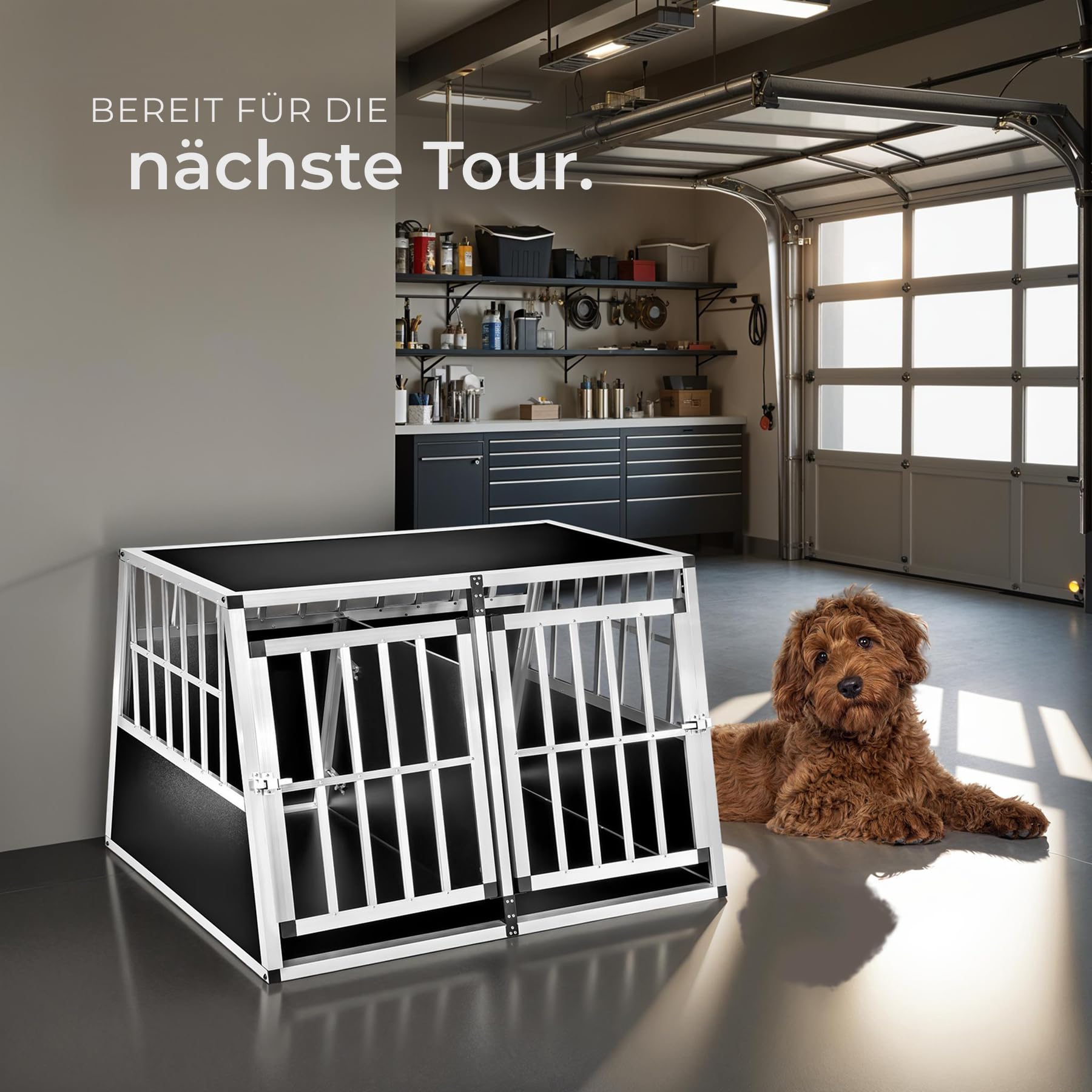 tectake® große Hundebox Auto oder Hundebox für Zuhause. Aluminium Doppel Hundetransportbox mit Trennwand, leicht und stabil, Auto Kofferraum Transportbox für bis zu 2 Hunde 104x90,5x69cm