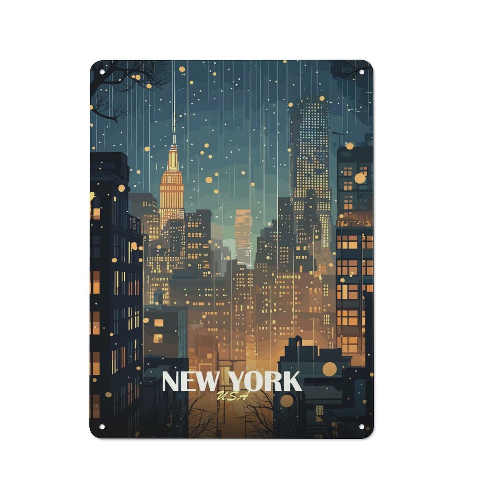Junmoney New York Cityscape At Night Retro Tin Sign 40X30cm For Lounge Or Reading Corner, For Home Wall Decor Collectors