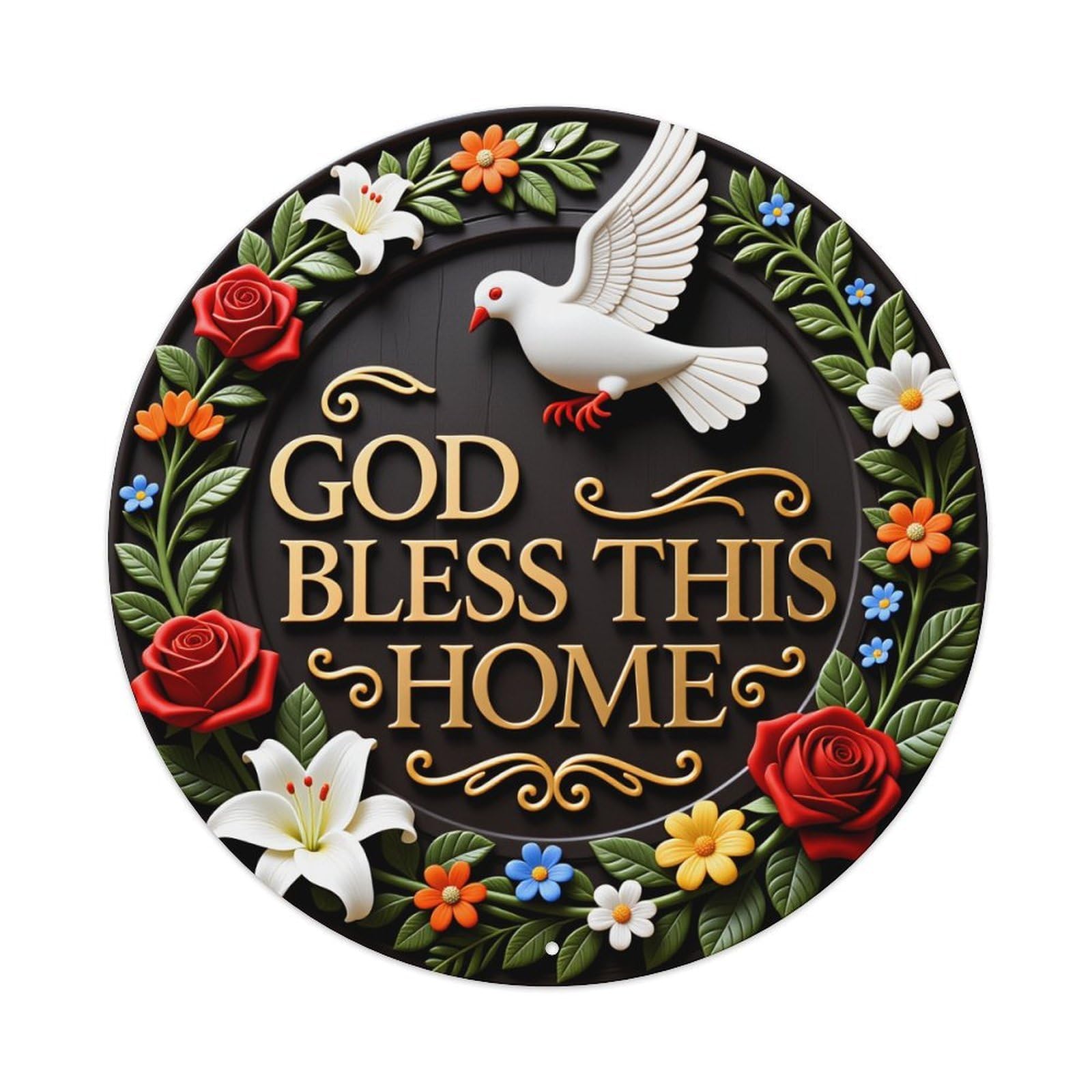 God Bless This Home Dove Flowers Round Tin Sign Vintage Style Metal Sign Home Bar Garden Wall Plaque Decor Metal Poster 8x8 Inch