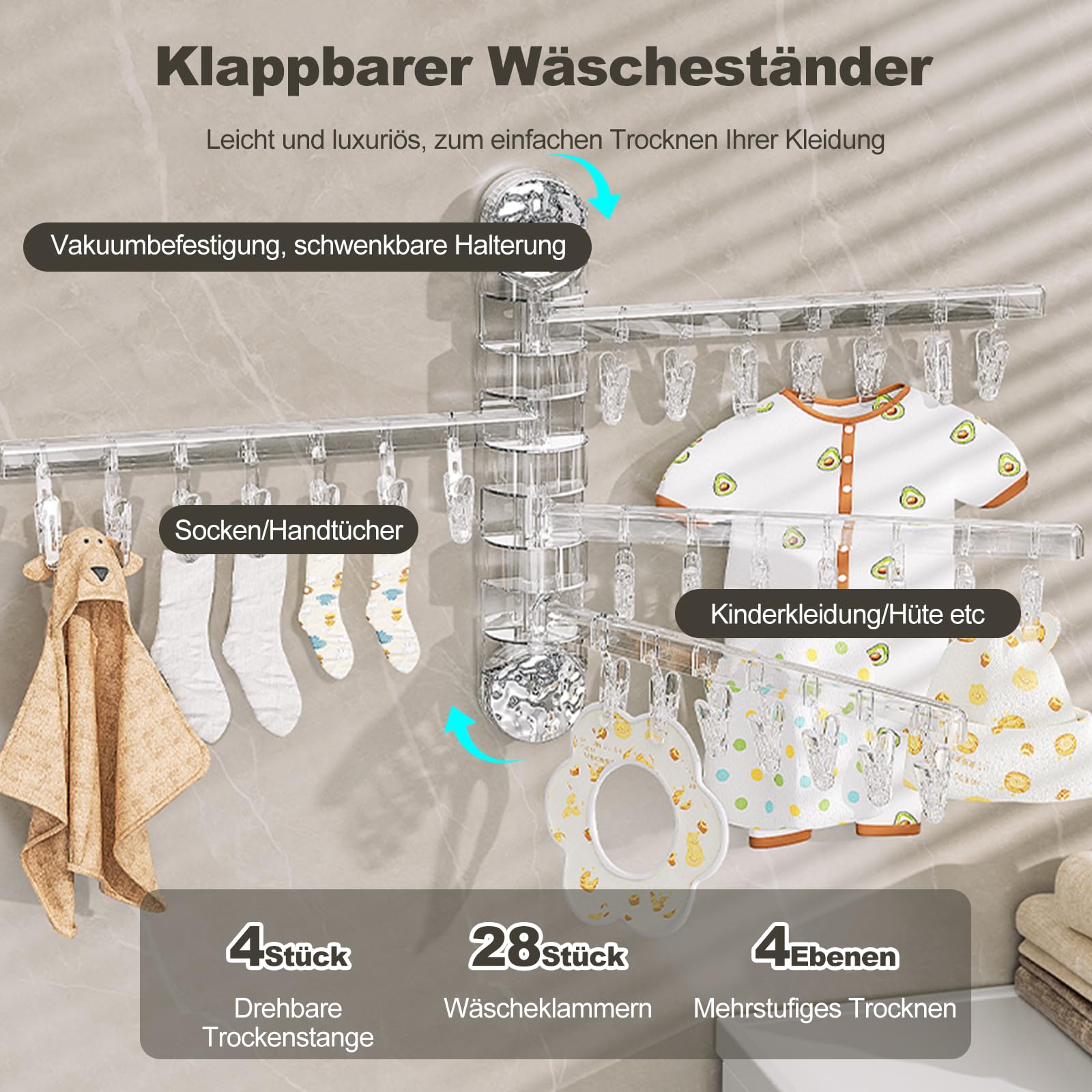 Ergocar Faltbarer Multifunktion Wäscheständer zur Wandmontage mit 180° Drehung - Ideal für Socken, Unterwäsche, Handschuhe, Lappen und Handtücher