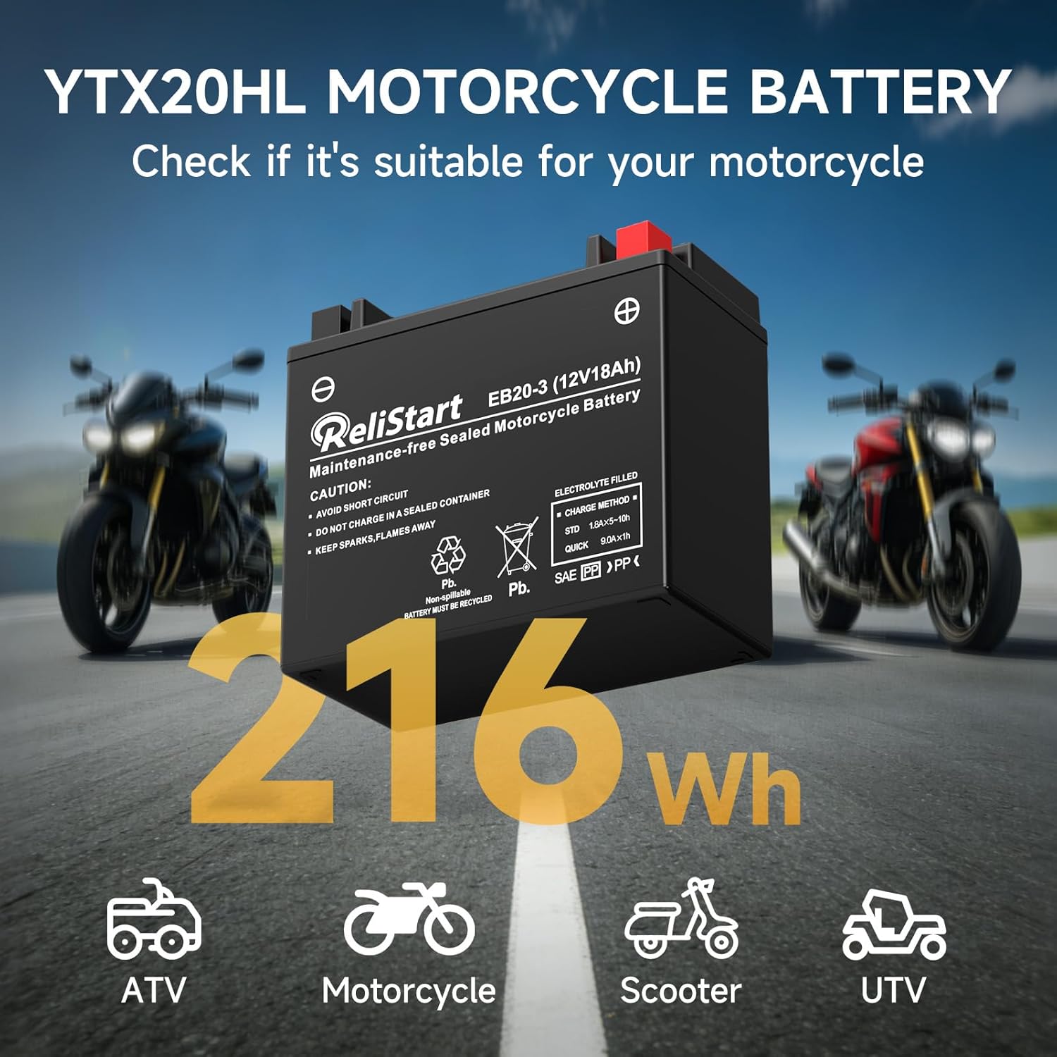 Motorcycle Battery YTX20HL, EB20-3, 12V 18Ah, 250 CCA, Powersport Replacement Batteries, AGM Maintenance Free Battery for Bike ATV Scooter