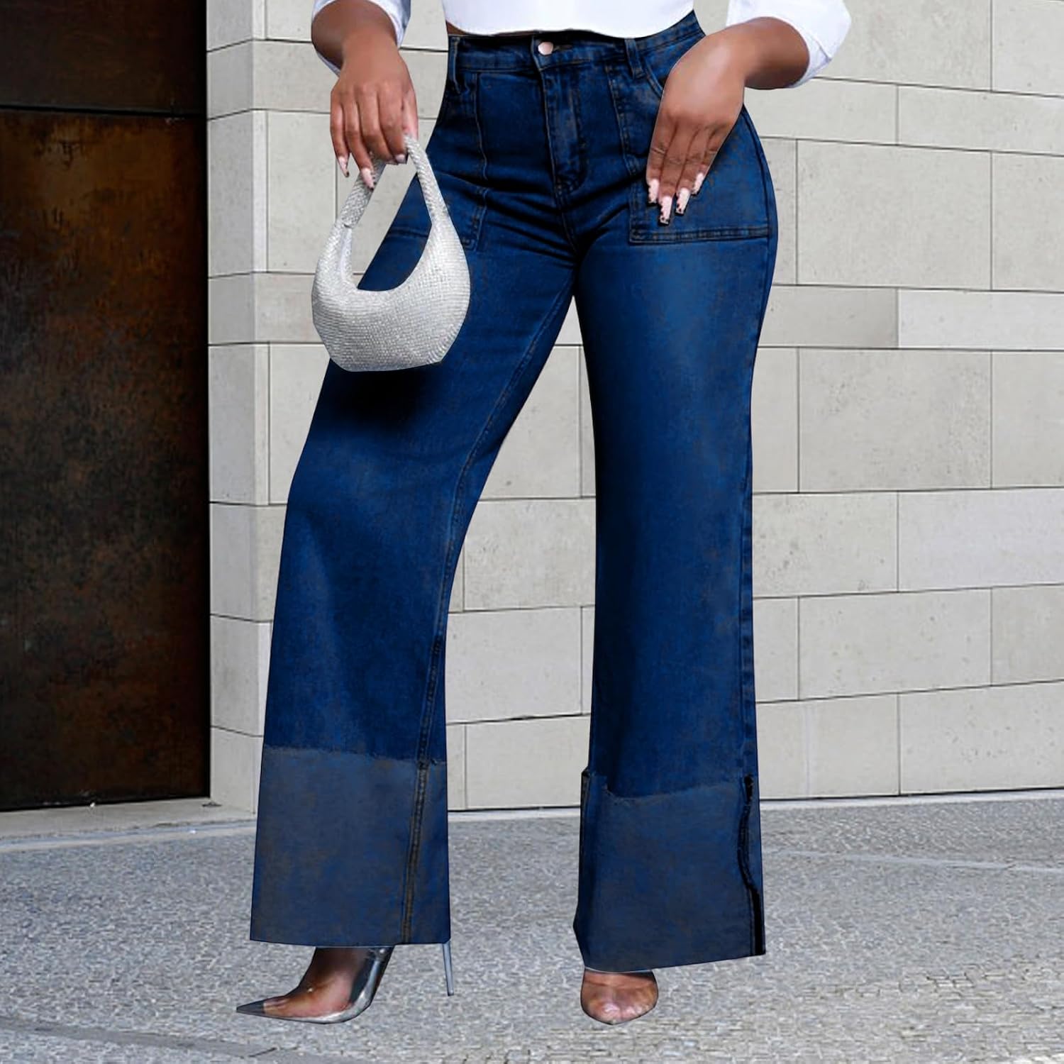 KnoInt Women's Wide Leg Straight Jeans High Waisted Baggy Stretch Loose Denim Pants image 4