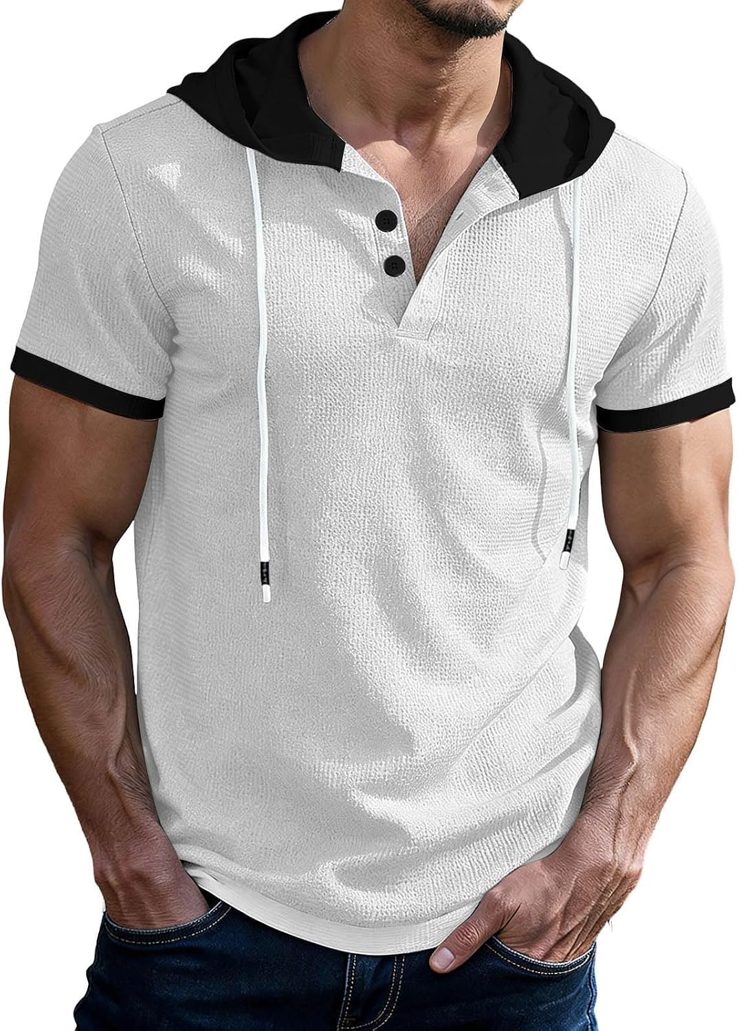 Mens Casual Knit Shirt Short Sleeve Hooded Pullover Tee Fashion Workout Muscle Gym Tops Casual Outdoor Running T Shirts