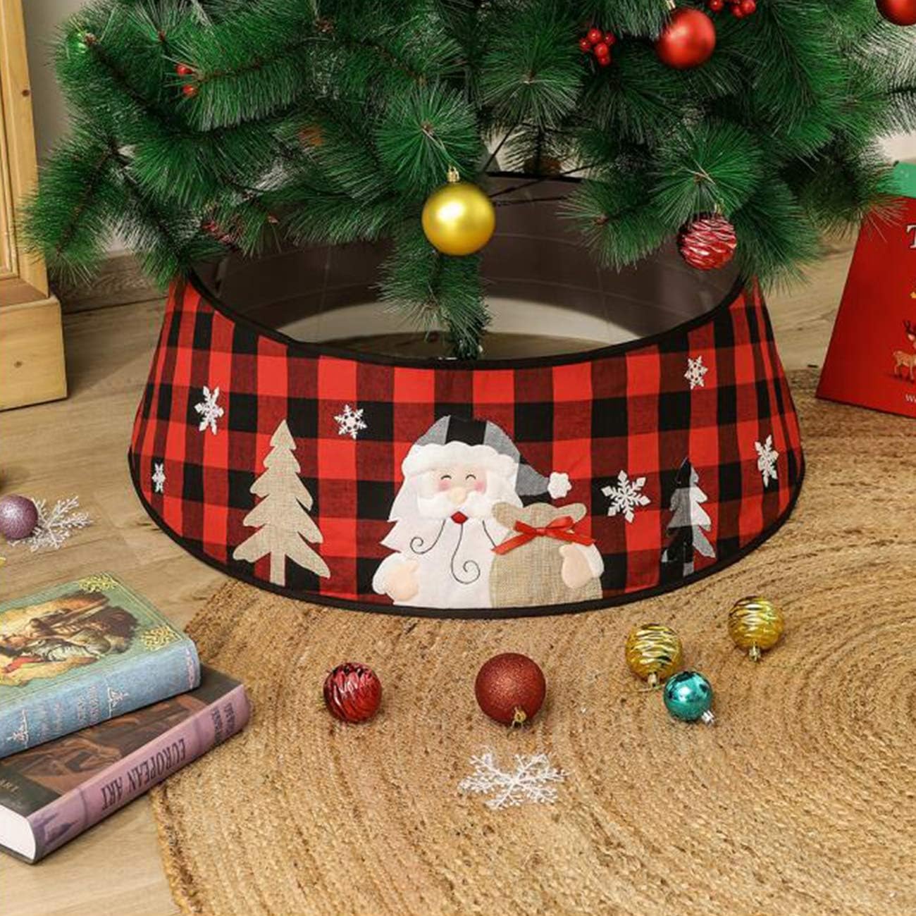 Orgrimmar Buffalo Plaid Christmas Tree Collar Christmas Tree Skirt Tree Ring with Gift Box Holiday Home Decoration