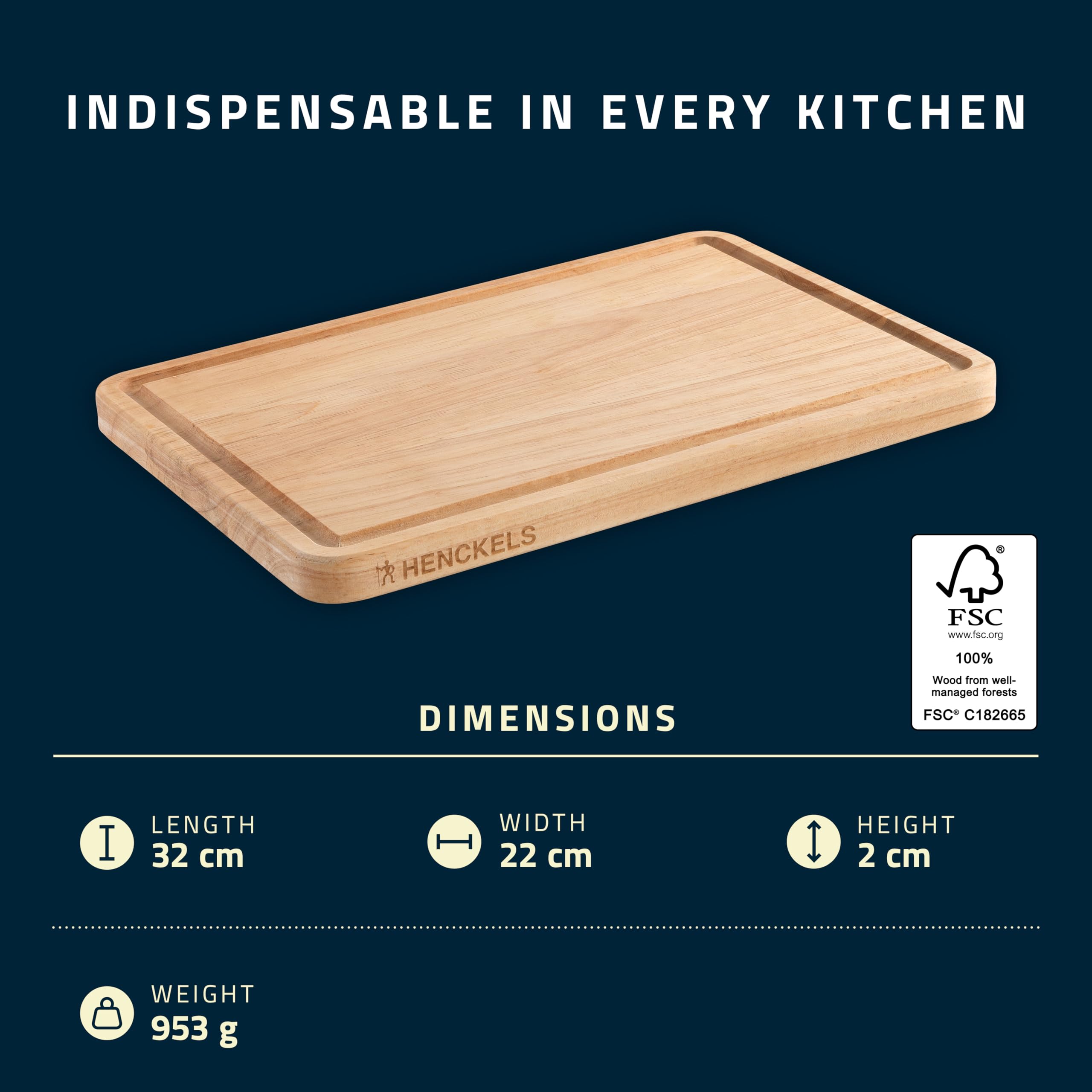 HENCKELS by ZWILLING Deska do krojenia z drewna, 32 x 22 x 2 cm, rowek na sok, obustronna