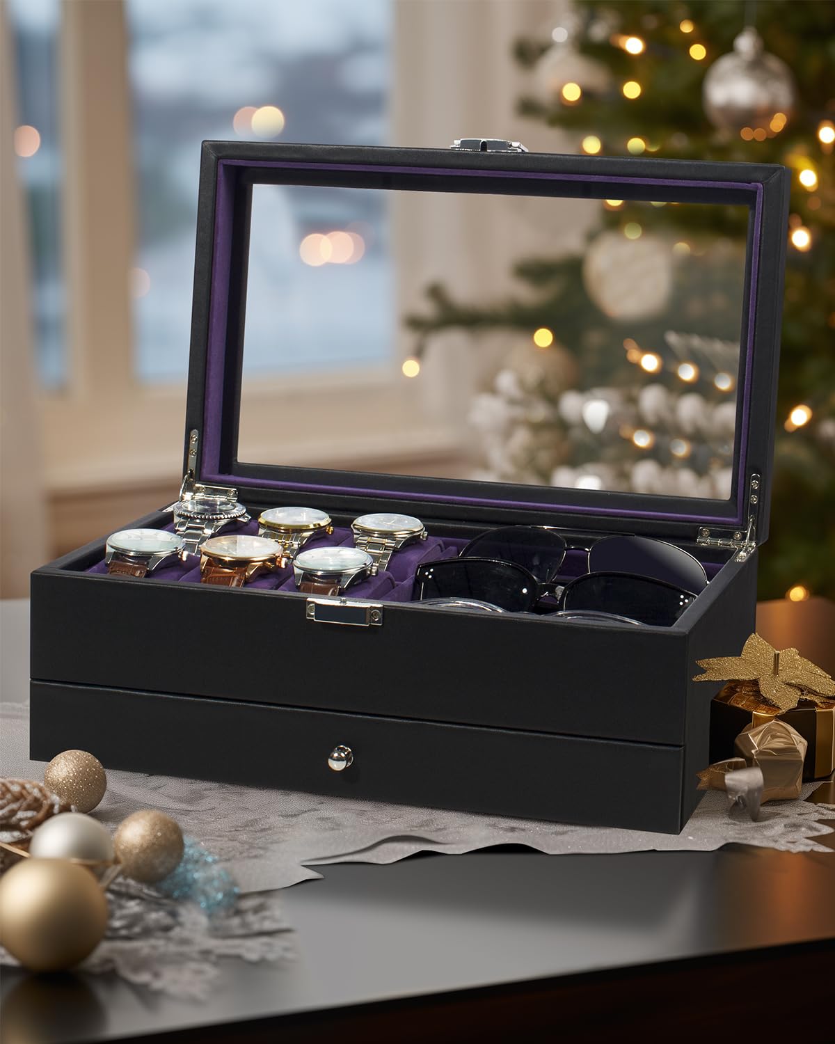 Caja para relojes, estuche para relojes de 6 ranuras, organizador de gafas de 3 compartimentos, joyero para hombre con tapa de cristal transparente, doble capa con cerradura de llave, regalo, negro-