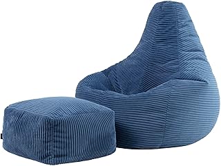 Icon Dalton Sitzsack mit Hocker Cord, Denimblau, Gaming Sitzsack Erwachsene mit Füllung, Bean Bag, Cord Sessel, Lounge Sessel, Lounge Stuhl, Schlafzimmer, Wohnzimmer, Wohnzimmer Möbel