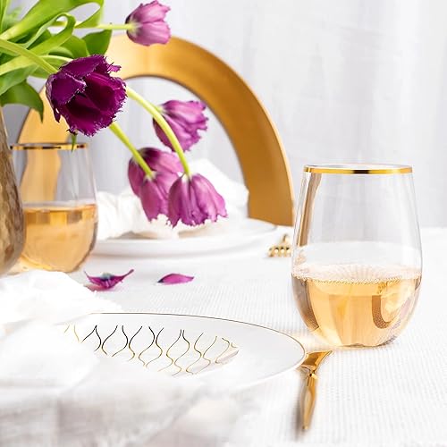 Miniatura 3 de DecorLine Elegantes copas de vino sin tallo, 12 onzas (paquete de 6), transparentes con borde dorado lujoso, diseño elegante, duradero y atemporal,