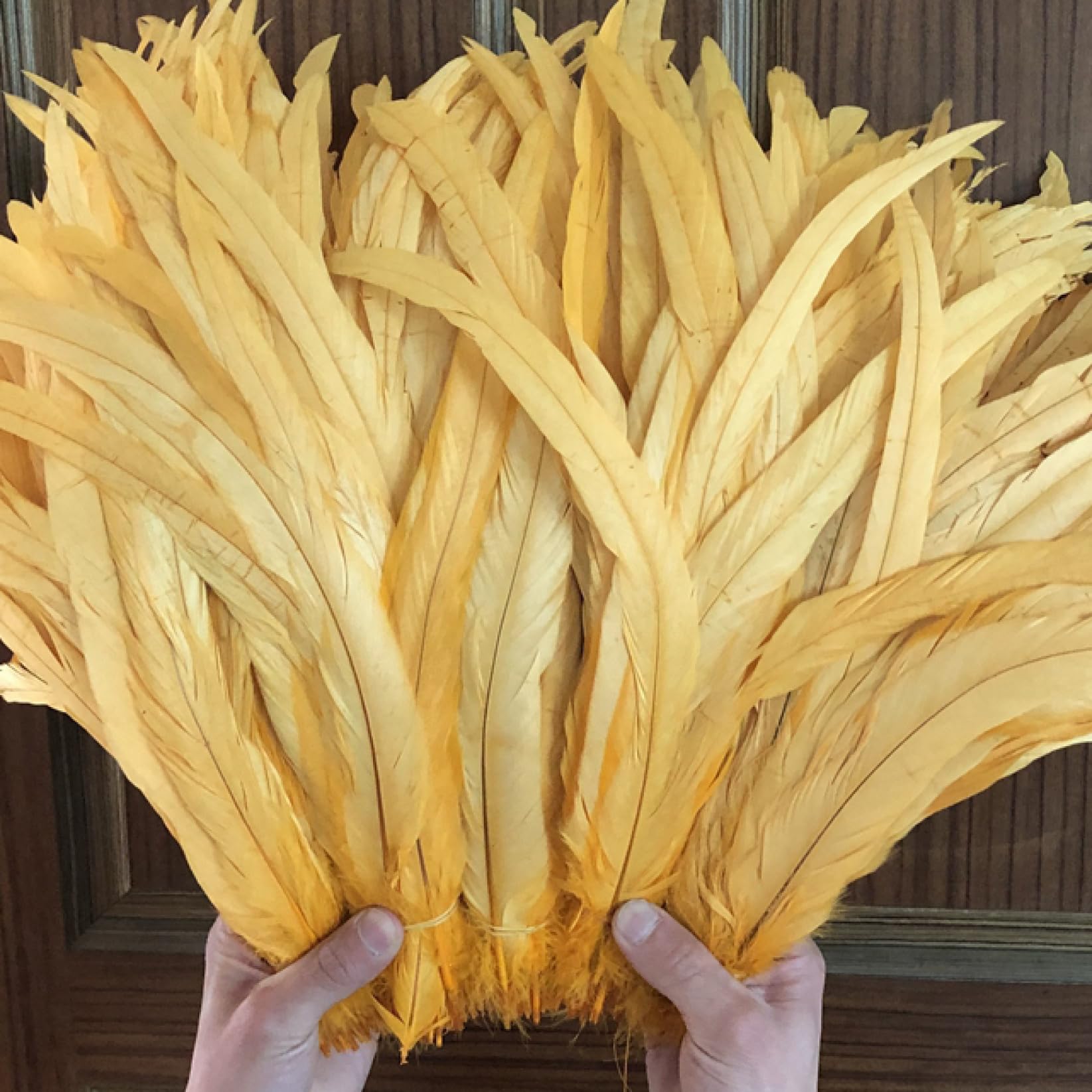Frędzle z piór, Wstążka z piórami ogona, frędzle piór, 100 szt. Surowe pióra ogony pióropusze dekoracje domowe rzemiosło weselne akcesoria(Gold Yellow)