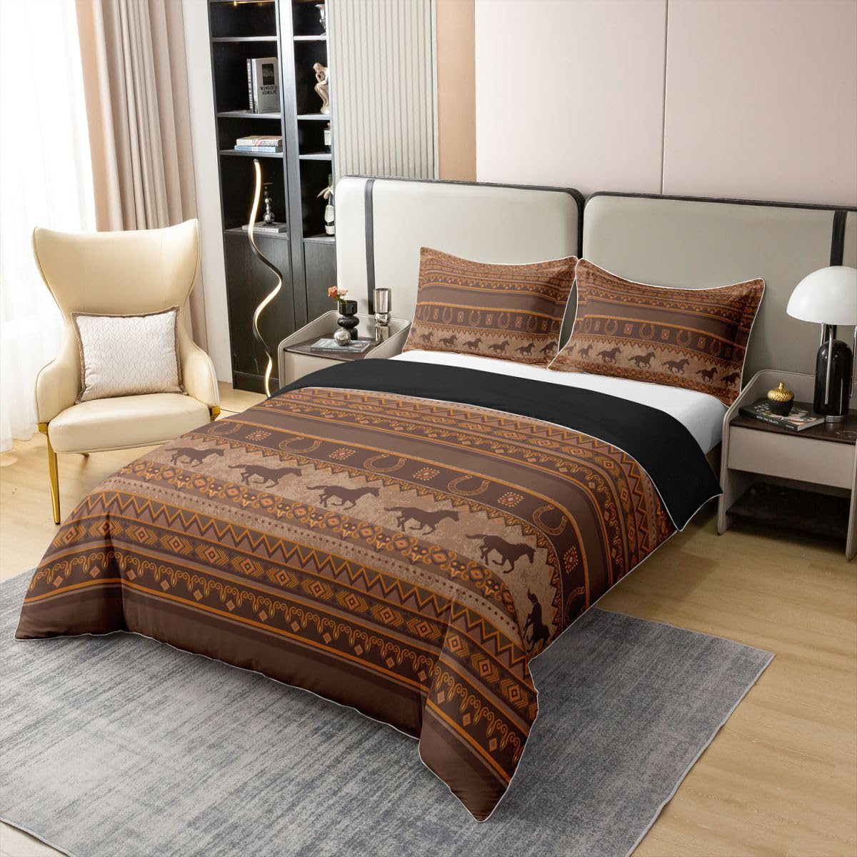 Homewish Southwestern - Juego de ropa de cama tamaño Super King con 2 fundas de almohada, de algodón, diseño de vaquero occidental, terracota, caballo, herradura, tribal azteca