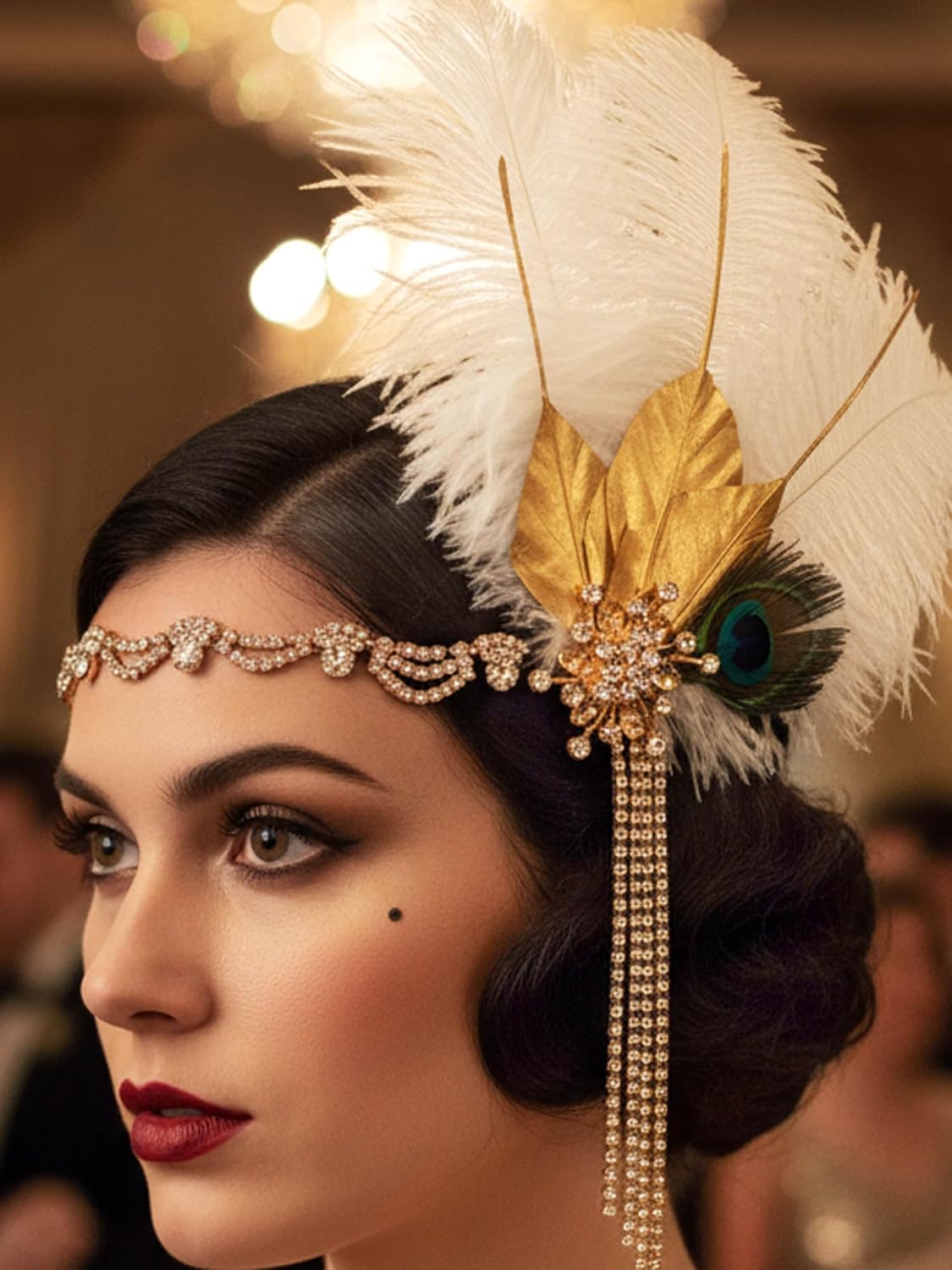 Formery 1920s Headband White Feather Flapper Headpiece Rhinestone Tassel Gatsby Accessories for Women