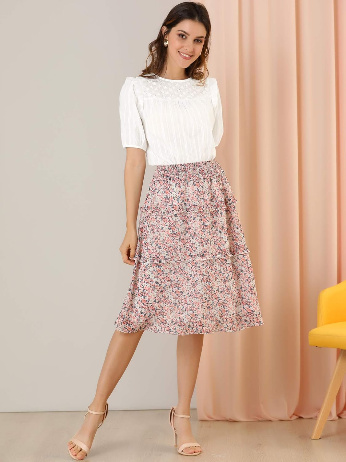 Allegra K Women's Cotton Blouse 2025 Summer Ruffle Shirt Frilled Round Neck Short SleeveTop - Image 3