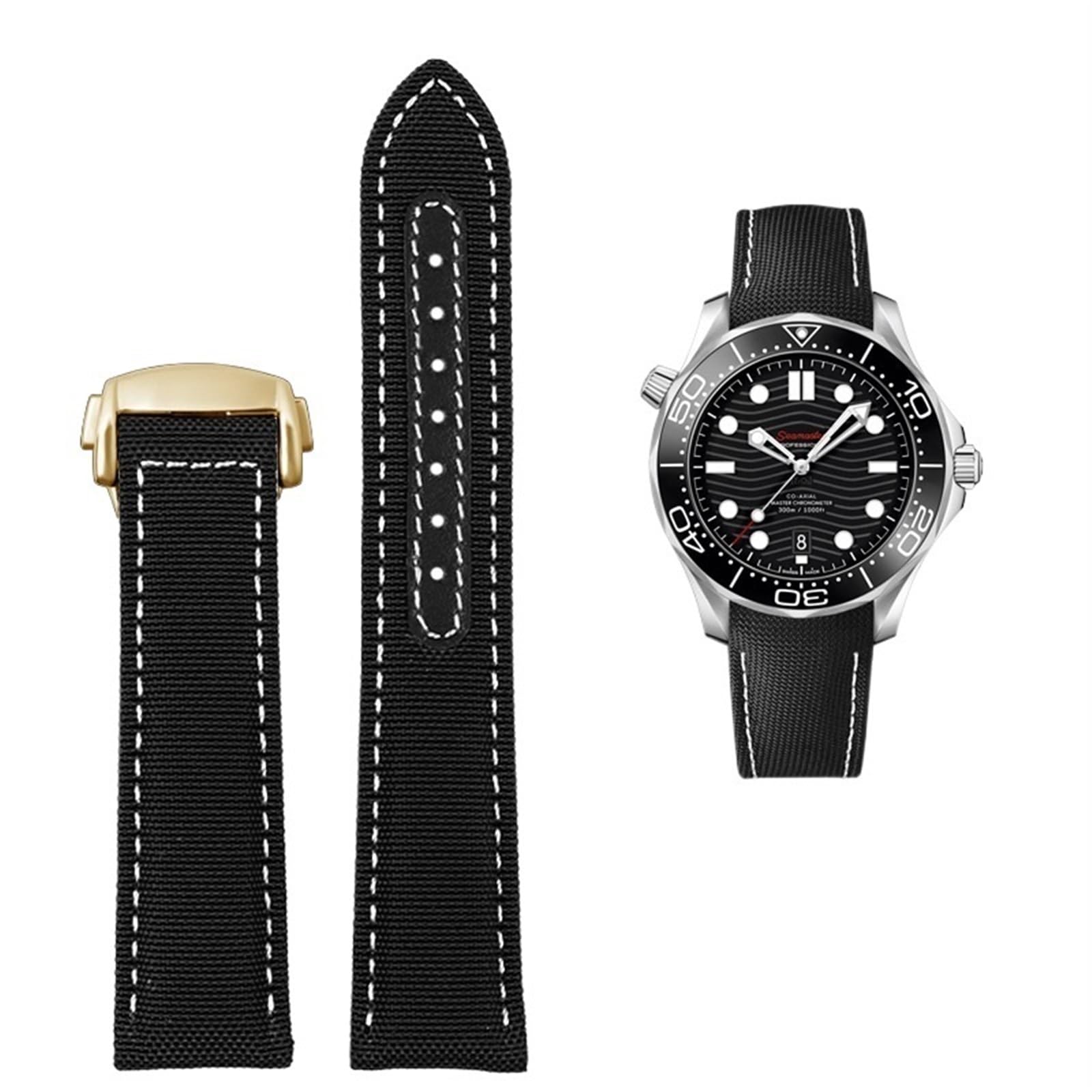 Nylonowy skórzany pasek o wysokiej gęstości do Omega New Seamaster 300 Super Master AT150, męski skórzany pasek z tkaniny AQUA TERRA, 19 mm, 20 mm (czarny biały złoty, 19 mm), Kolor