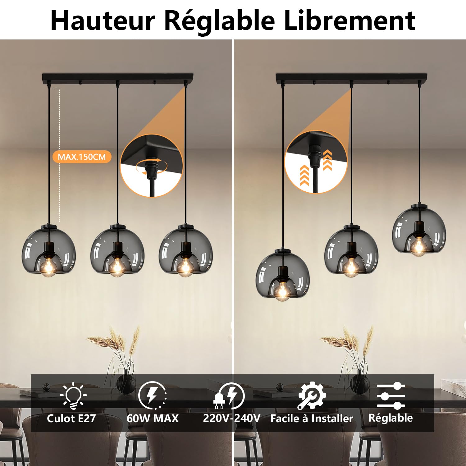 Suspension Luminaire en Verre Vintage, 3 Lampes Lustre Plafonnier E27, Noir | Hauteur Réglable, Abat-jour en Verre Noir, Rétro Lampe Suspension de Table à Manger, Eclairage de Plafond Pour Salon, Cuisine
