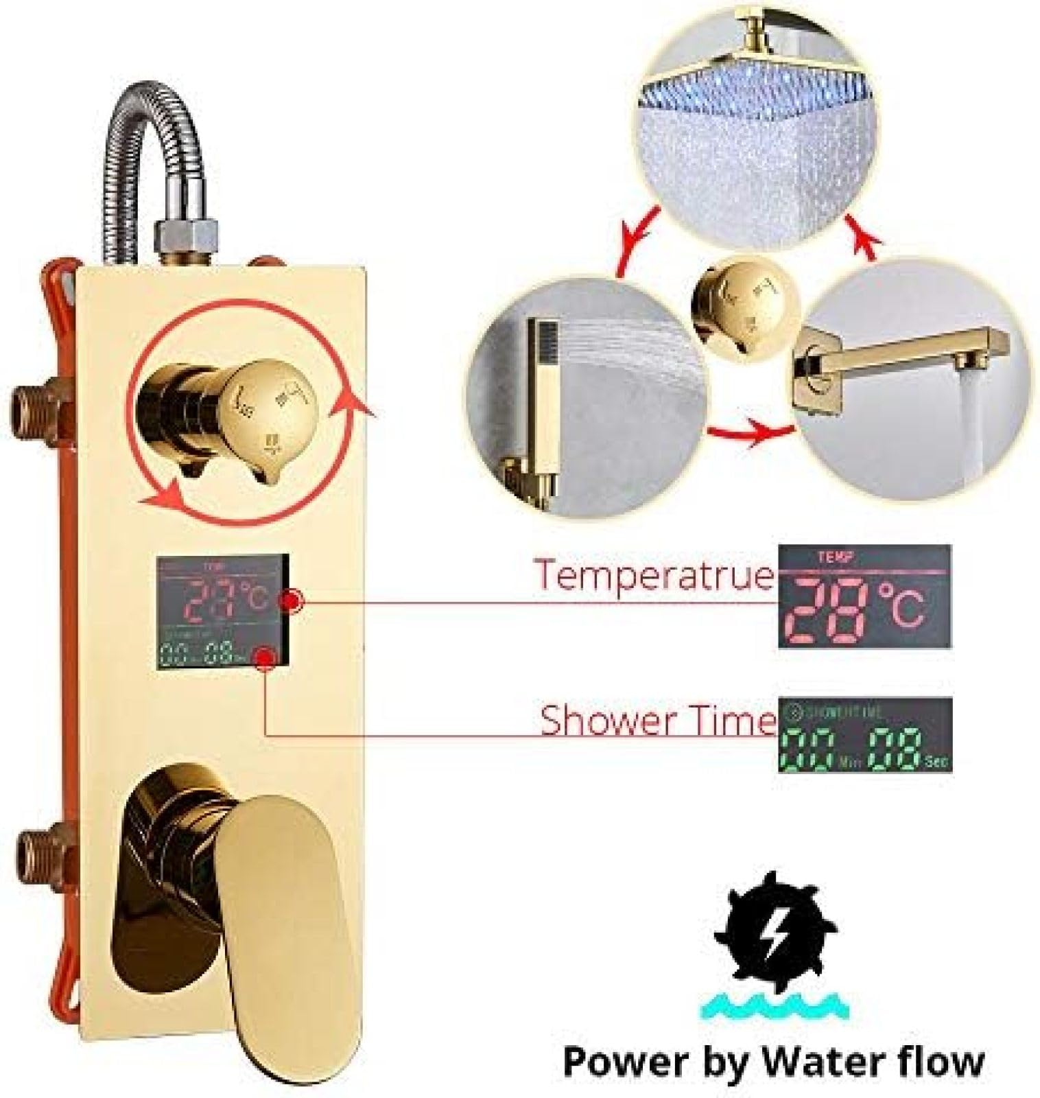 Juego de grifos de ducha digitales dorados, cabezal de ducha LED dorado, pantalla digital de temperatura de 3 vías, grifo mezclador de tina, boquilla de ducha de 16 pulgadas, 12 pulgadas
