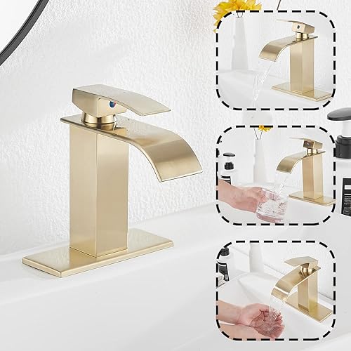 Miniatura 4 de GGStudy - Grifo de baño negro mate, grifo de lavabo de baño con cascada, montaje en cubierta, manija única, 1 agujero, grifo de tocador de baño con