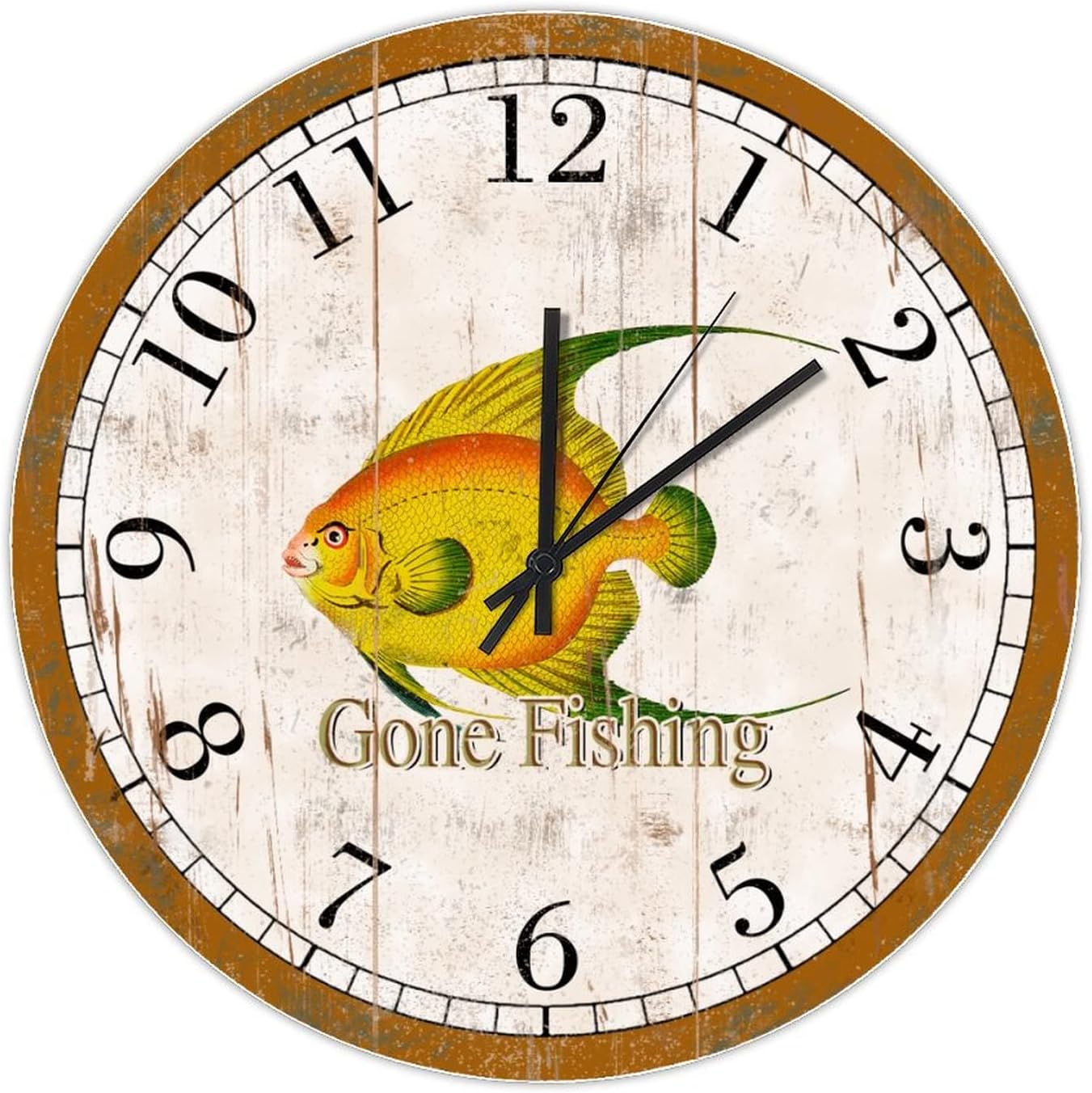 Vintage Decorative Wood Clock 15",Retro Cute Fish Clock Gone Fishing Round Wooden Wall Clock for Kitchen Dining Room Home Decor Rustic Wall Art Wooden Clock Funny Gifts for Holiday