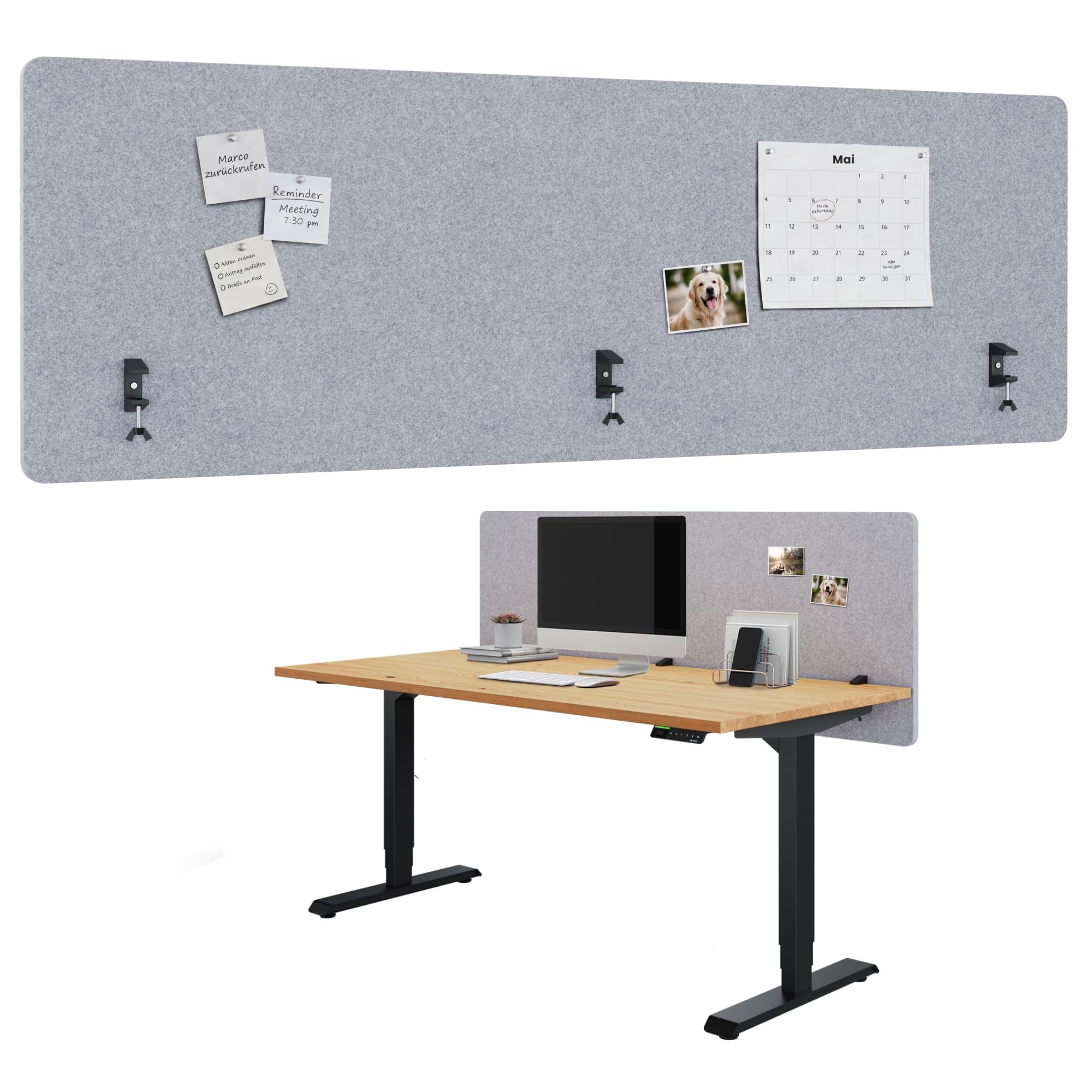 Ergotopia Focus Pure Akustik Trennwand Schreibtisch – effektiver Sichtschutz Büro – 180x60cm Tischtrennwand aus recyceltem PET – Schallschutz Schreibtisch & Tischaufsatz Büro mit Klemmmontage – Grau