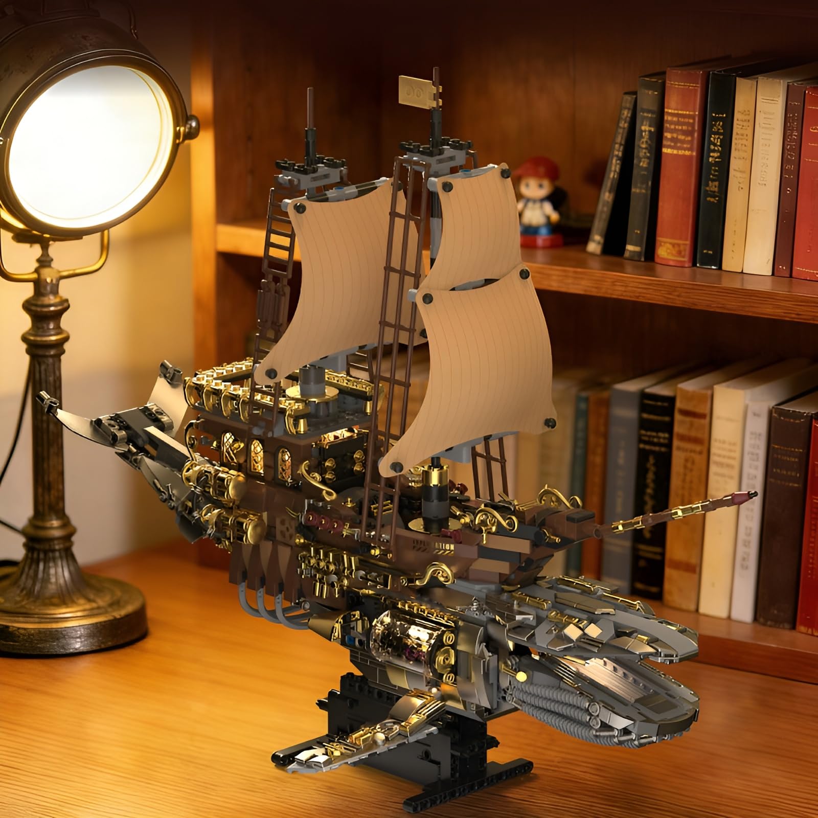 Steampunk Luftschiff Bausteine Bausatz – 1979Stk Walförmiges Fantasie Flugschiff mit Segeln Spielzeug, Retro Piratenschiff Klemmbausteine, Mechanische Geschenke Erwachsene & Hobbyisten Heim Büro Deko