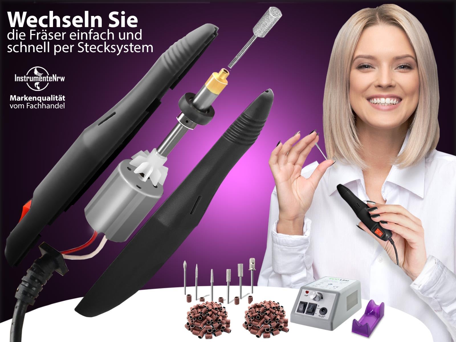 Fußpflegegerät Pediküre Schleifgerät mit Hornhautentferner komplett Set | Elektrischer Hornhautschleifer für die Fußpflege mit Fräser-Bits und 300 Schleifhülsen
