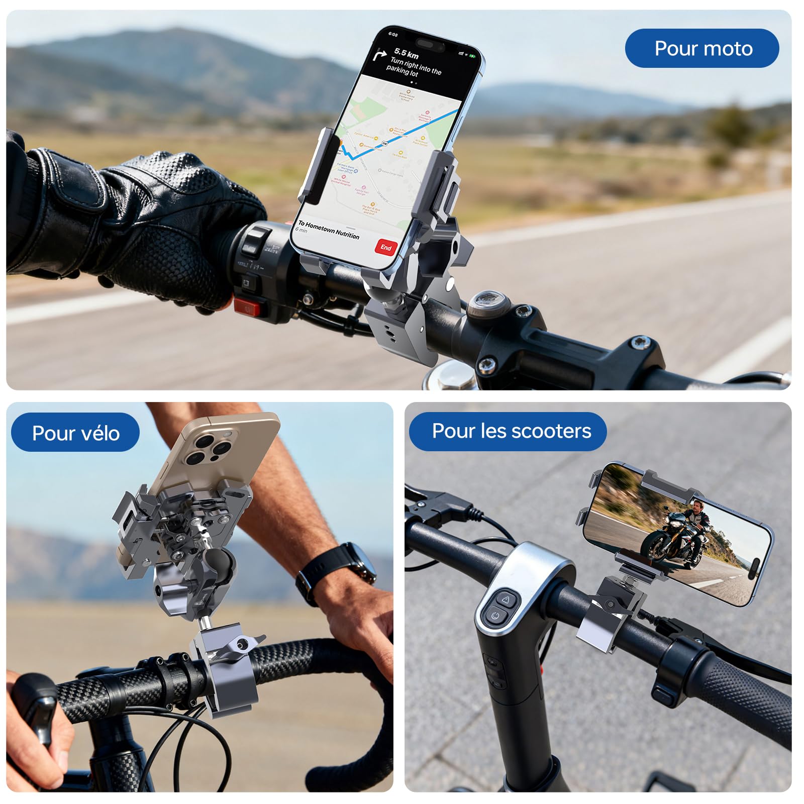 QX002 Support de téléphone pour moto avec amortisseur de vibrations (comprend une super pince + bras double prise + support de téléphone tout en un) réglable à 360 ° et support de téléphone en