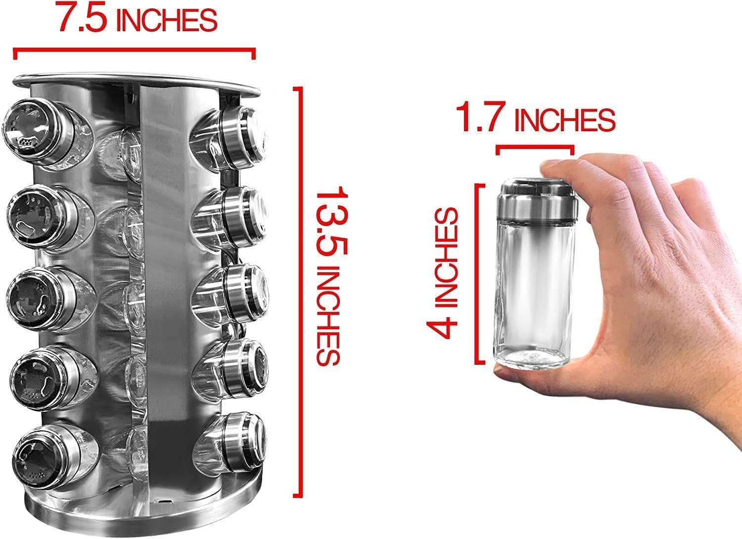 Tytroy Space Saving & Easy Access 14" Tall Round Revolving 20 Empty Glass Jars Kitchen Countertop Stainless Steel Spice Rack Tower Stand Organizer Storage for Seasoning Dried Herbs