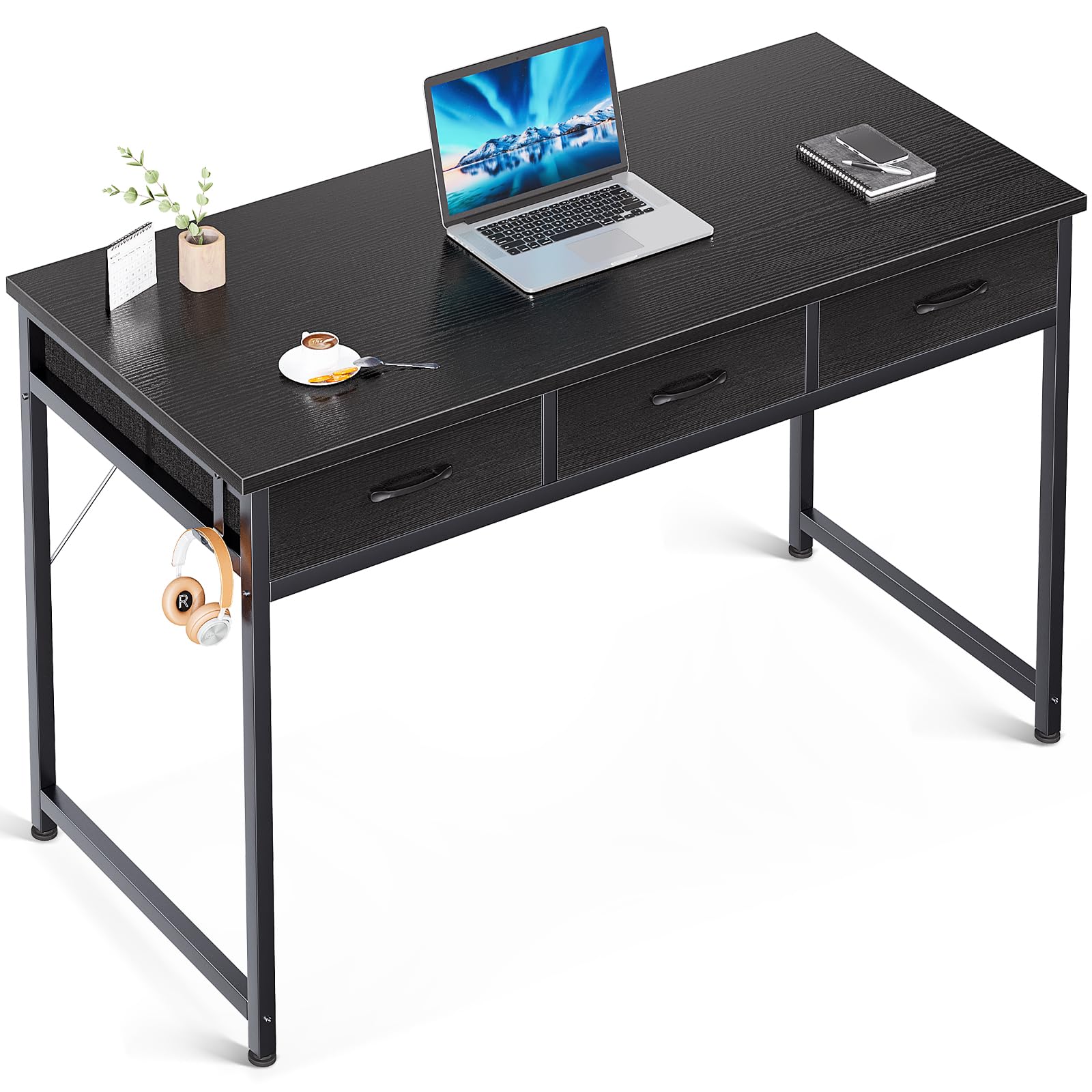 Photo 1 of ODK 48 Inch Computer Desk with 3 Cloth Drawers for Home Office, Vanity Desk with Storage and Hook for Bedroom, Work Desk, Study Writing Table, Black Black 48 Inch