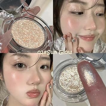 Sun Glow Shimmer Single Eyeshadow Powder Compact - Eyeshadow Matte Glitter Sparkly Cream for Eyes Face Highlighting with Mirror for Smooth Blendable Buildable Radiant Finish