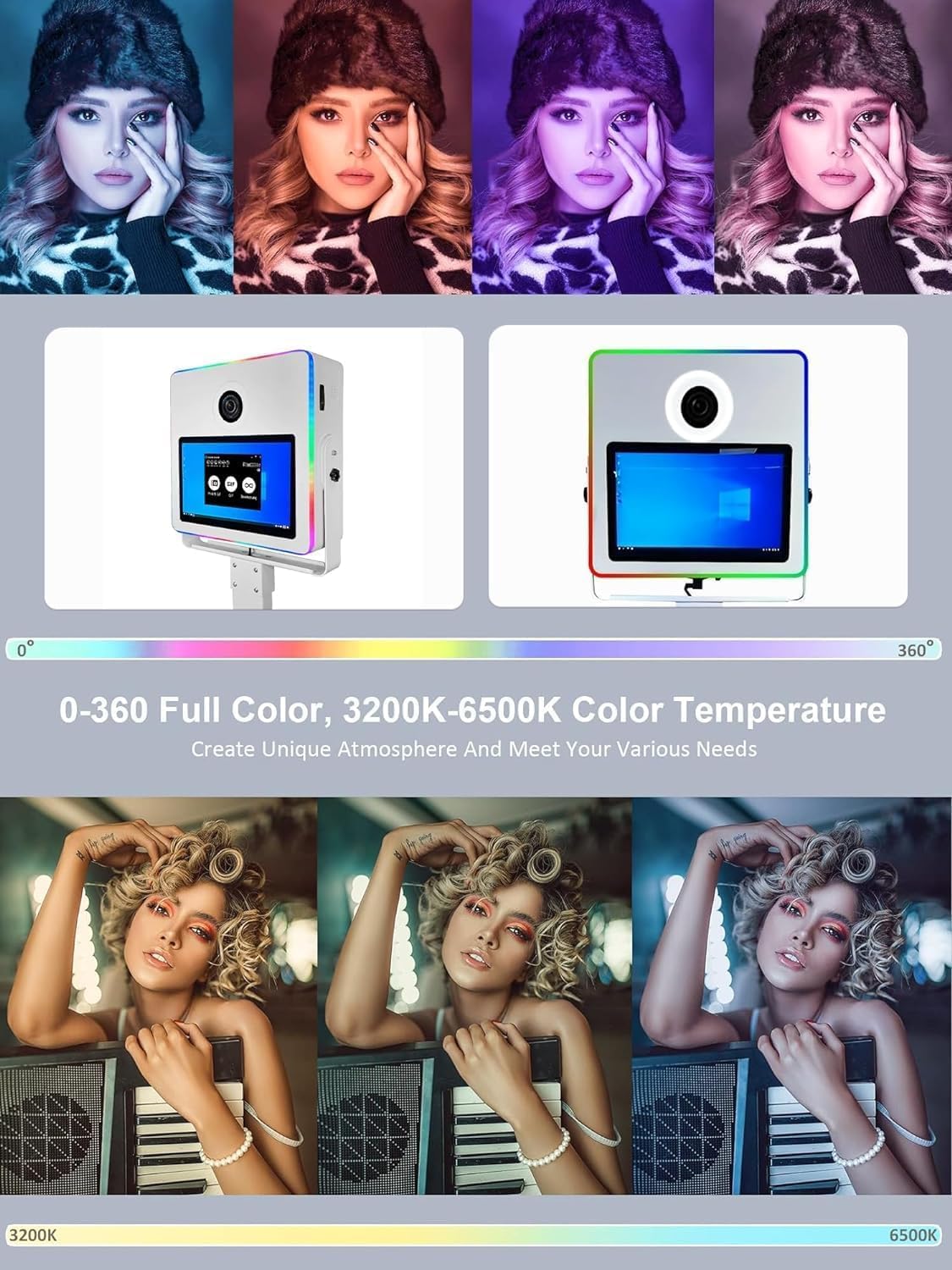 Photomaton portable avec appareil photo reflex numérique et imprimante 15,6 pouces écran tactile Selfie Photobooth Machine avec mini PC RGB Cadre lumineux pour fête de mariage événement Location Pack