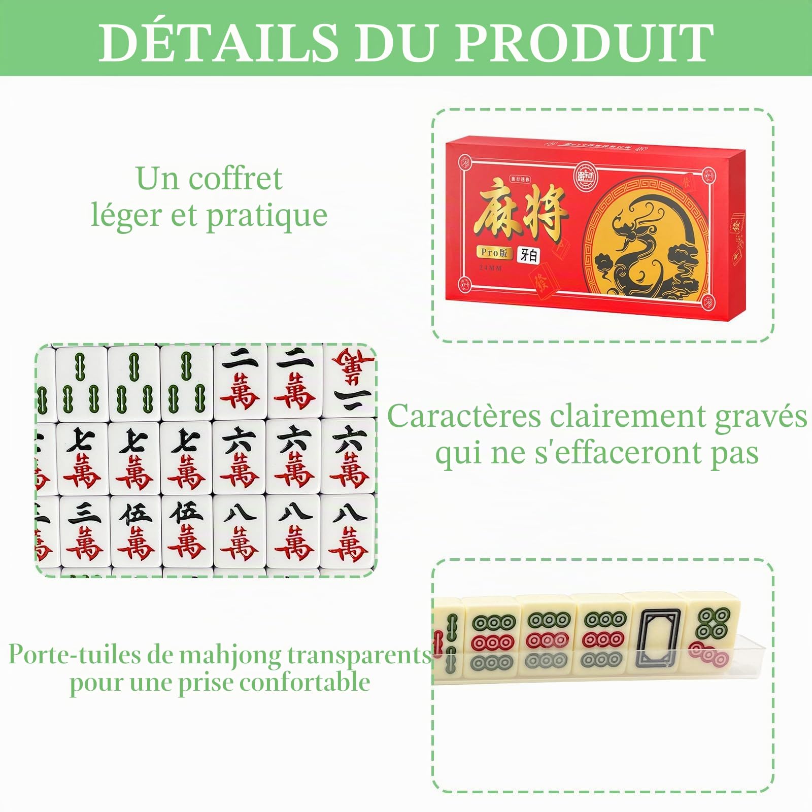 Mini Jeu de Mahjong 24mm, Jeu de société Portable Traditionnel avec 144 tuiles, 4 chevalets et 2 dés, Jeu de Voyage Compact et Tactique pour Adultes (Blanc Ivoire)