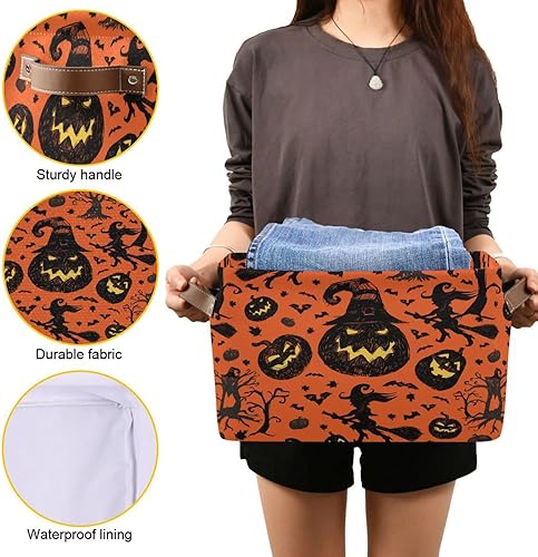 Miniatura 8 de Wusikd Cesta de almacenamiento de Halloween naranja y negra, juego de 1 canasta grande de tela de calabaza y bruja, cubo con asas, plegable, estante
