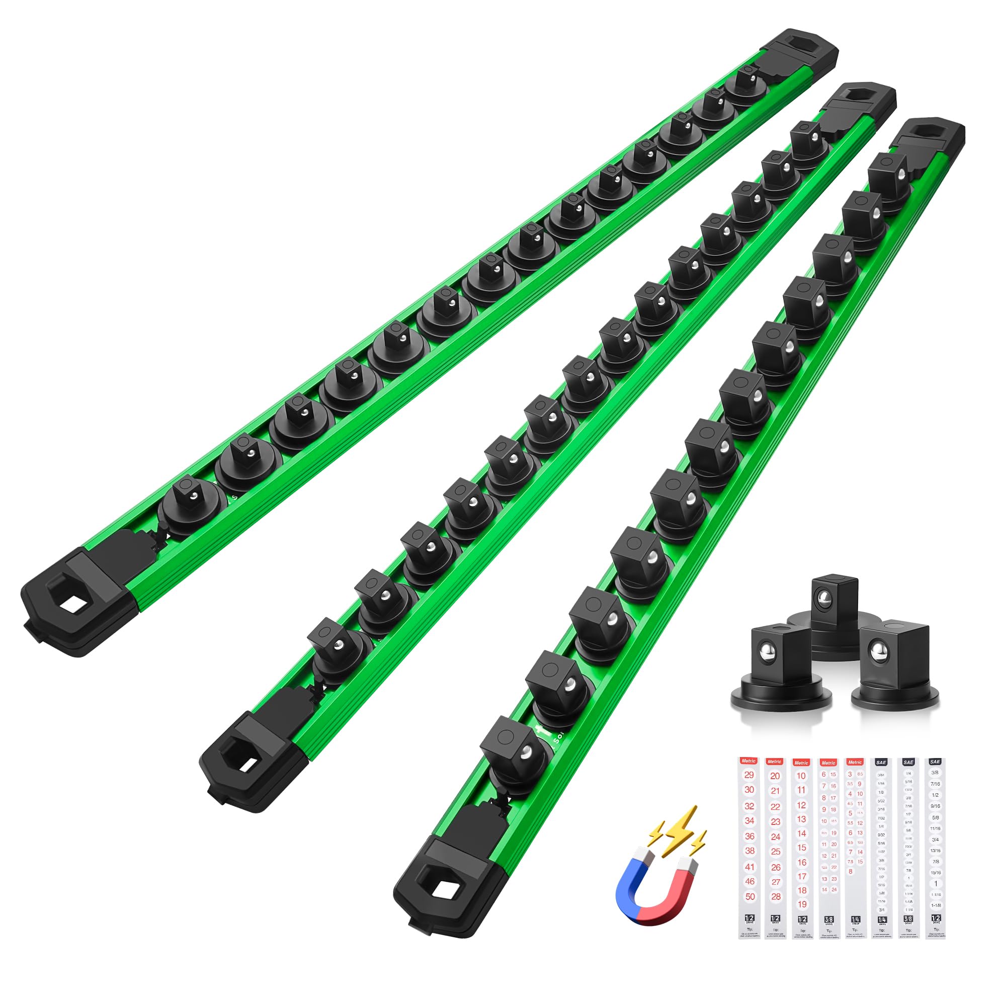 Reniteco Magnetic Socket Organizer Set, 3-Piece 1/4” 3/8” 1/2” Socket Rails