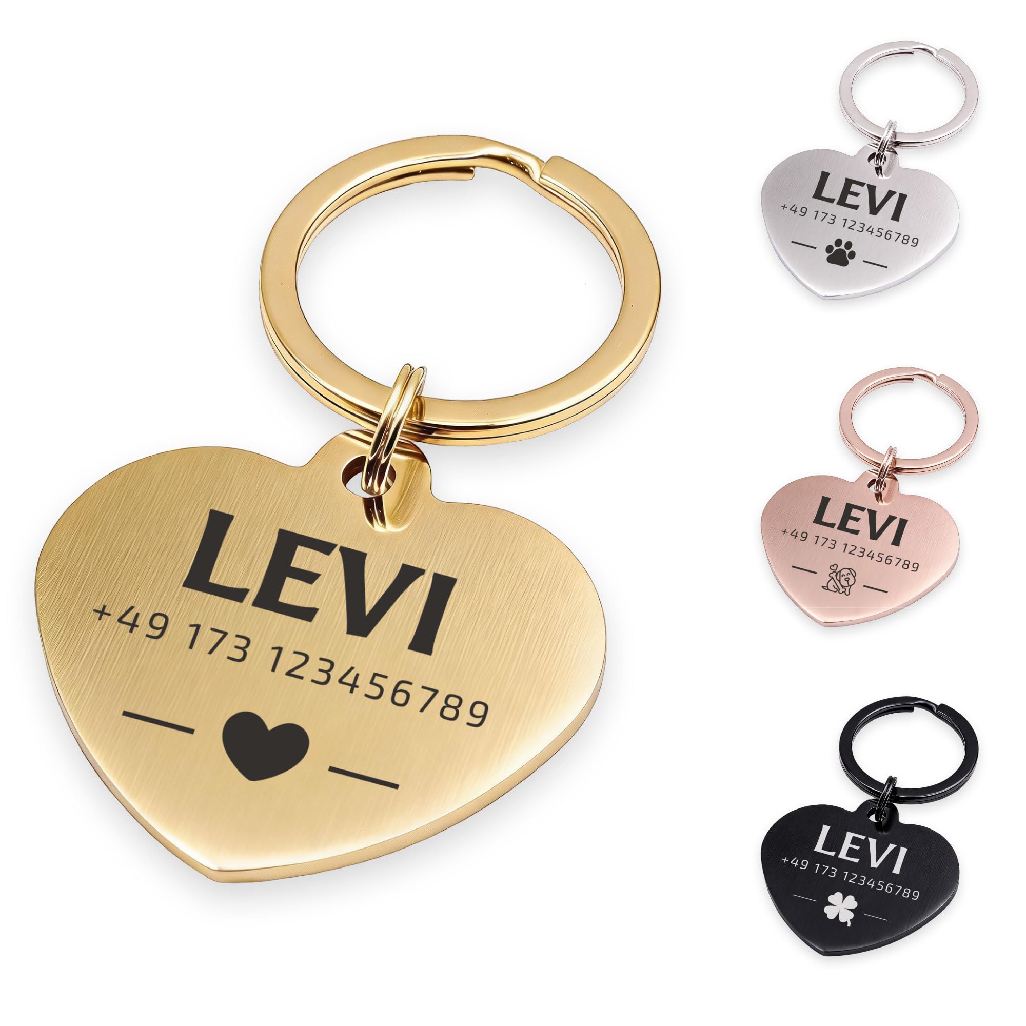 FELLSOCKE Hundemarke Herz aus Edelstahl – personalisiert & gravierbar, robust & rostfrei, in 3 Größen – Namensschild Anhänger für Hunde, Katzen & Pferde (Goldfarben, 30x27mm, Matt)