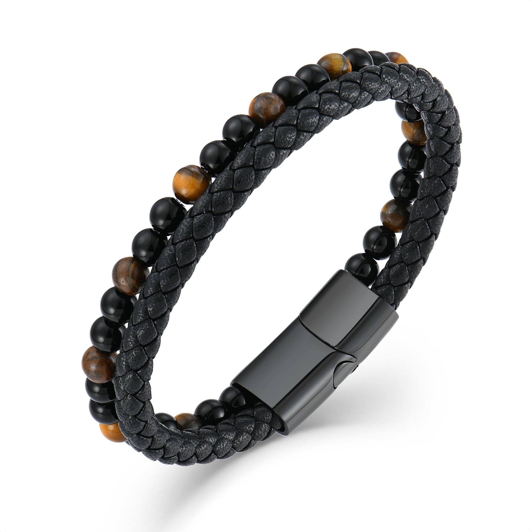 Raymard Mens Tiger Eye Matee Black Onyx Lava Rock Volcanic Stone Beaded Bracelet, Black Braided Leather Bracelet for Men