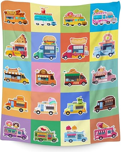 Food Truck Blanket Gifts - 60x80 Inches Funny Throw Blanket for Boys & Kids - Colorful Soft Fuzzy Car Blankets for Bed, Couch & Living Room