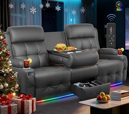 Sofá reclinable de 3 plazas, asiento de cine en casa con respaldo central abatible, sofá cama de pared RV con masaje, amanera y portavasos,