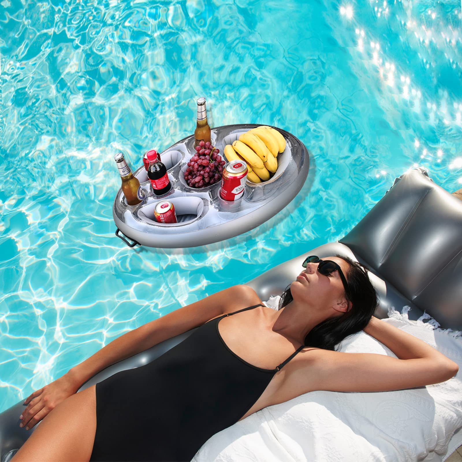 Portabibite Gonfiabile, Vassoio per Cibo Galleggiante per Piscina 8 Fori, supporto gonfiabile per bevande, Porta bicchiere gonfiabile per piscina, per l'Estate All'Aperto Piscina Spiaggia (Argento)