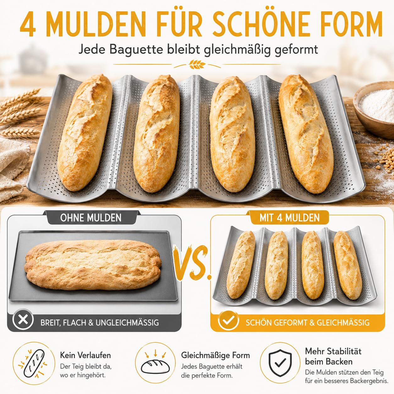Stampo da forno antiaderente con cotone, panno da forno in tela e coltello per impasto, 4 scomparti, teglia da forno per baguette in acciaio al carbonio, forma perforata, ideale come stampo