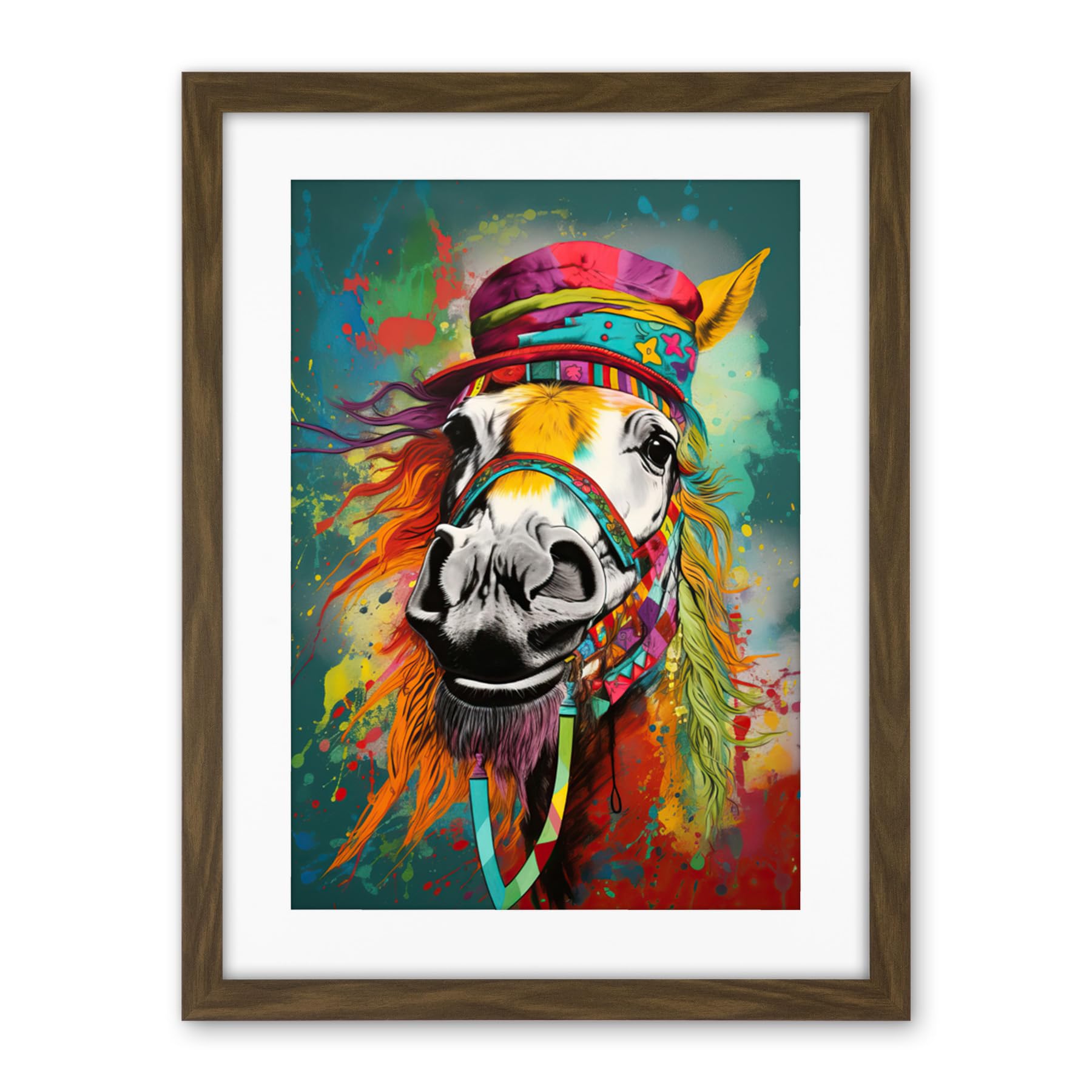 Artery8 Hippie Horse with Multicoloured Hat and Bridles Artwork Framed Wall Art Print 18X24 Inch