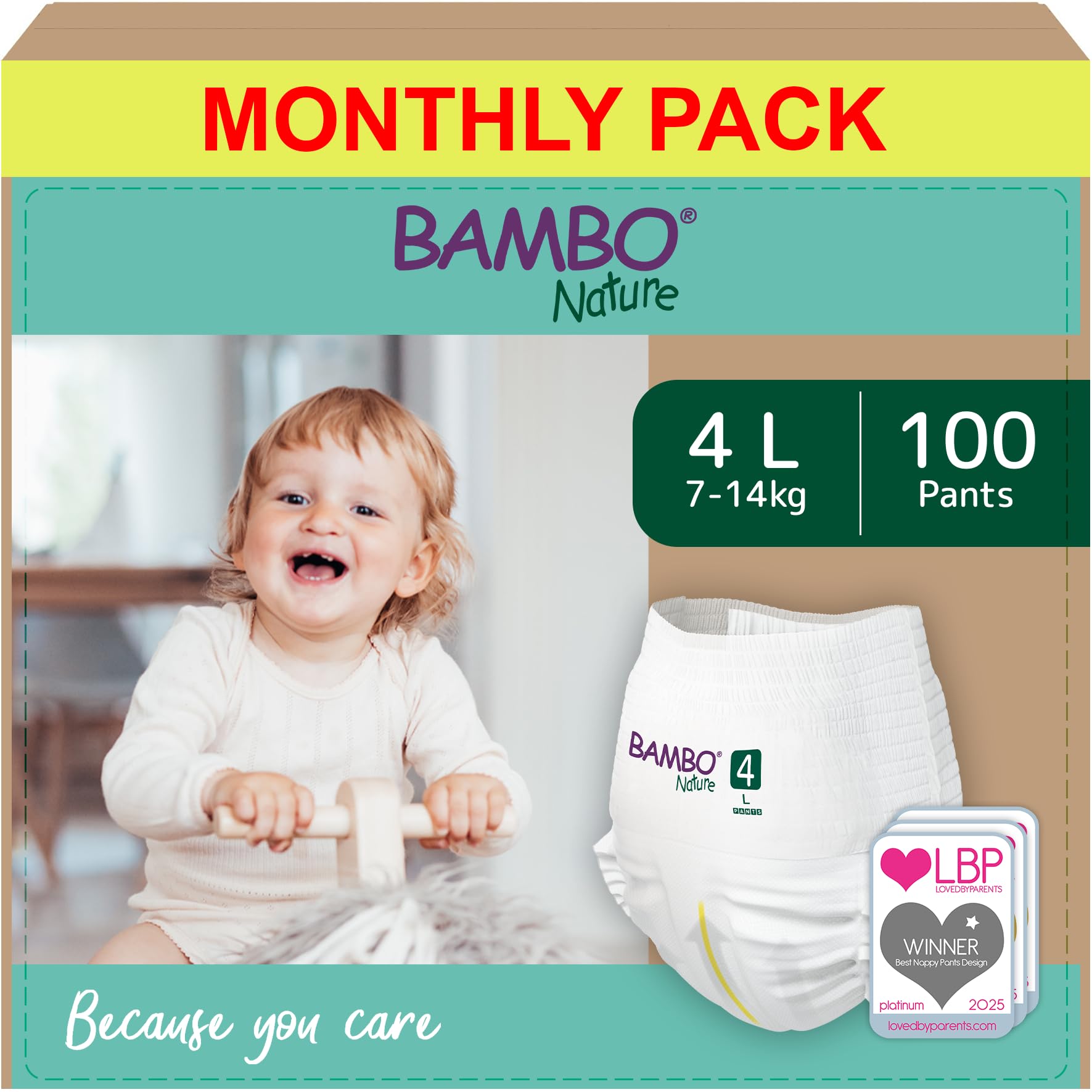 Bambo Nature Premium Training Pants, Size 4 (7-12kg), L, 100PK, Pull Ups, Pull Ups, Eco-Labelled Potty Training Nappy Pants, Secure, Comfortable, Discreet for Active Day and Comfy Night's Sleep