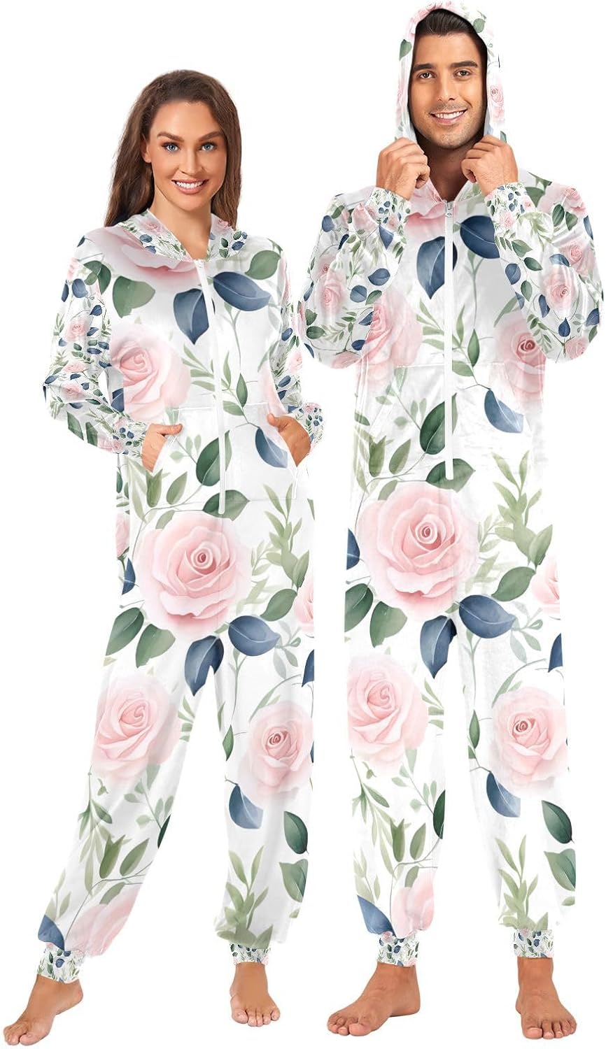 Pink Rose Flower Roses Unisex Adult Onesie Pajamas Comfy One Piece Costume Jumpsuits Novelty Sleepwear Homewear for Men Women