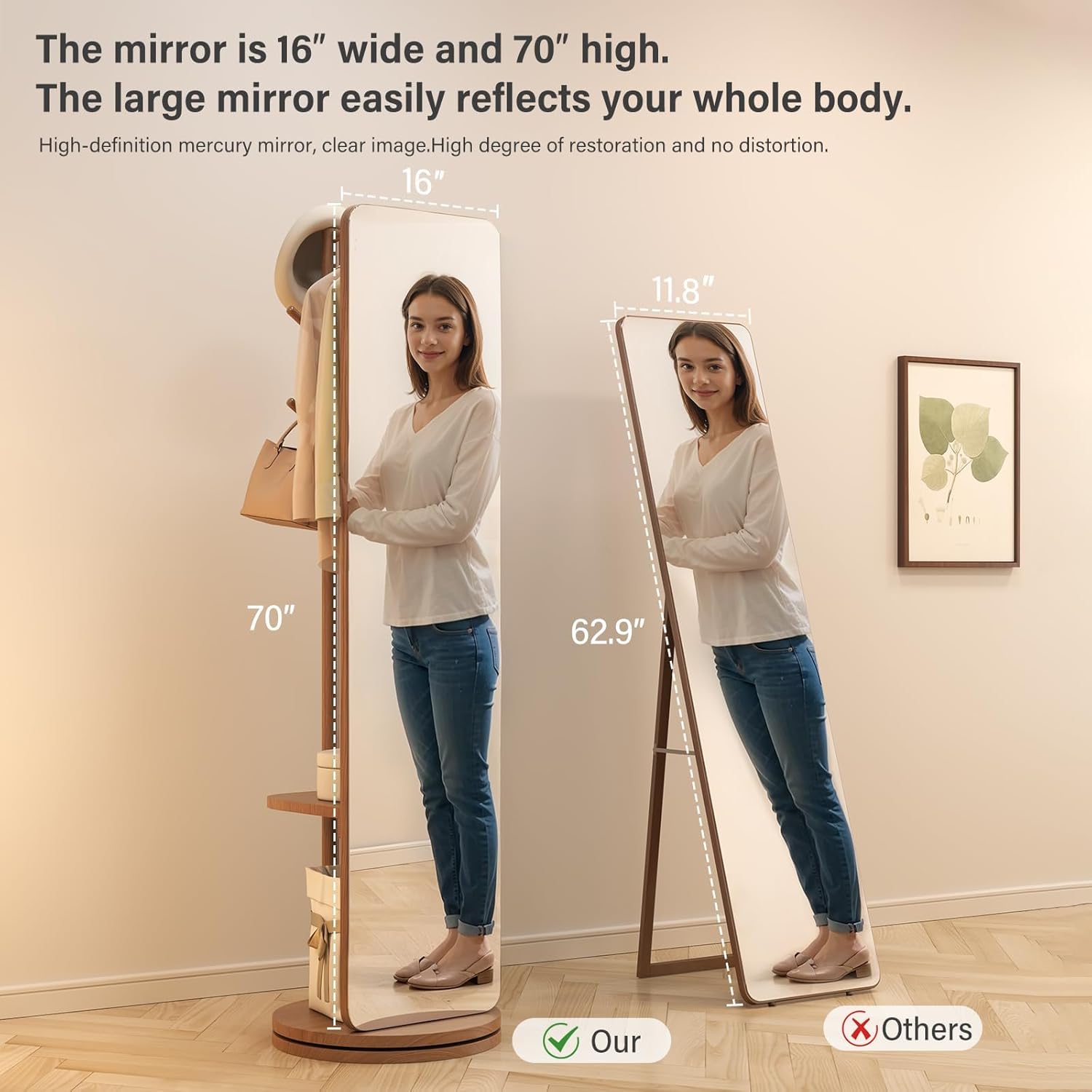 70"x19"Full Length Mirror with Stand,Coat Rack with Mirror,Solid Wood Floor Mirror,Swivel Mirrorfor Bedroom, Living Room, Cloakroom - Image 3
