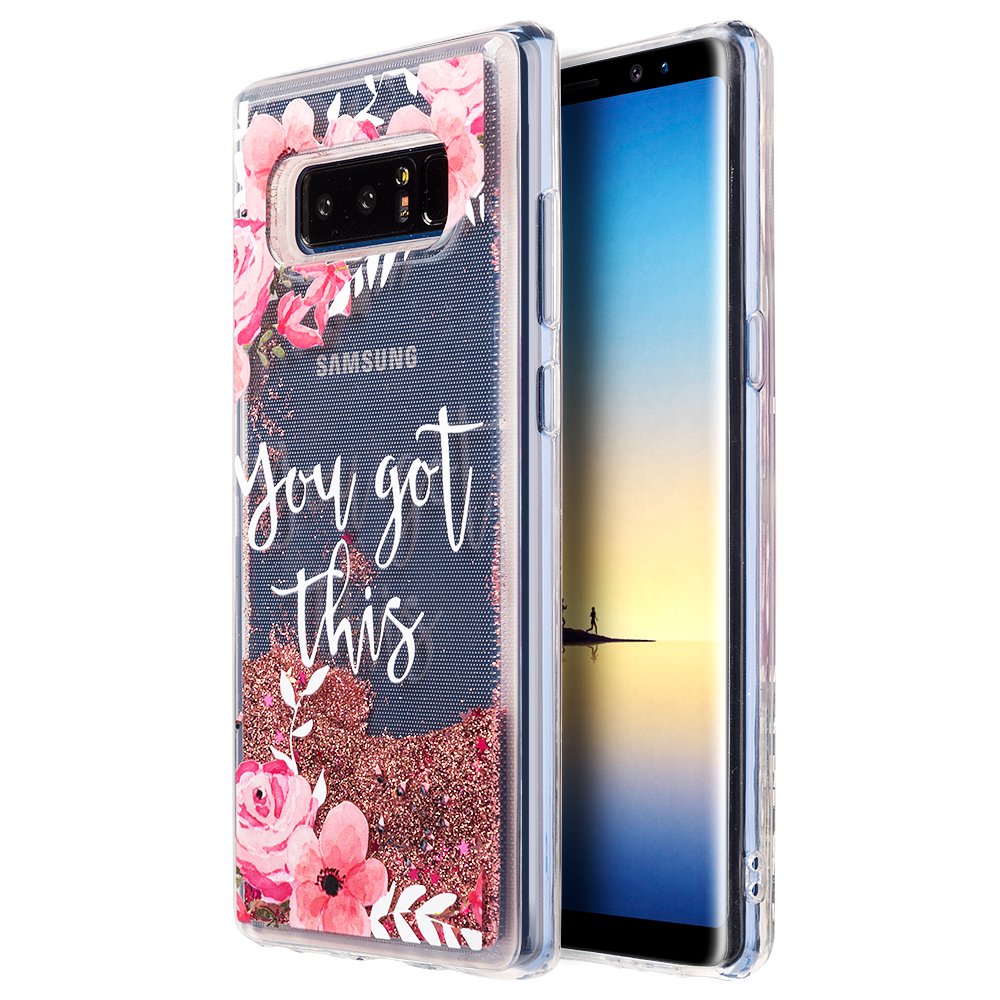 Galaxy Note 8 Case, Galaxy Note 8 Clear Case, Glitter Clear Cute Pink Flower Design Printed Transparent TPU Hard Case for Galaxy Note 8