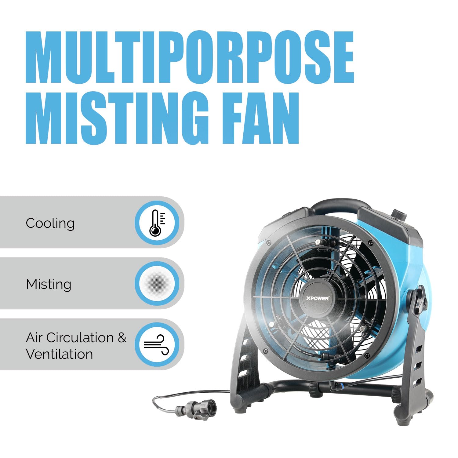 XPower FM-65B Nebelventilator für den Außenbereich, oszillierend, robust, leistungsstark, hohe Geschwindigkeit, ideal für Camping, Terrassen, Picknicks und mehr